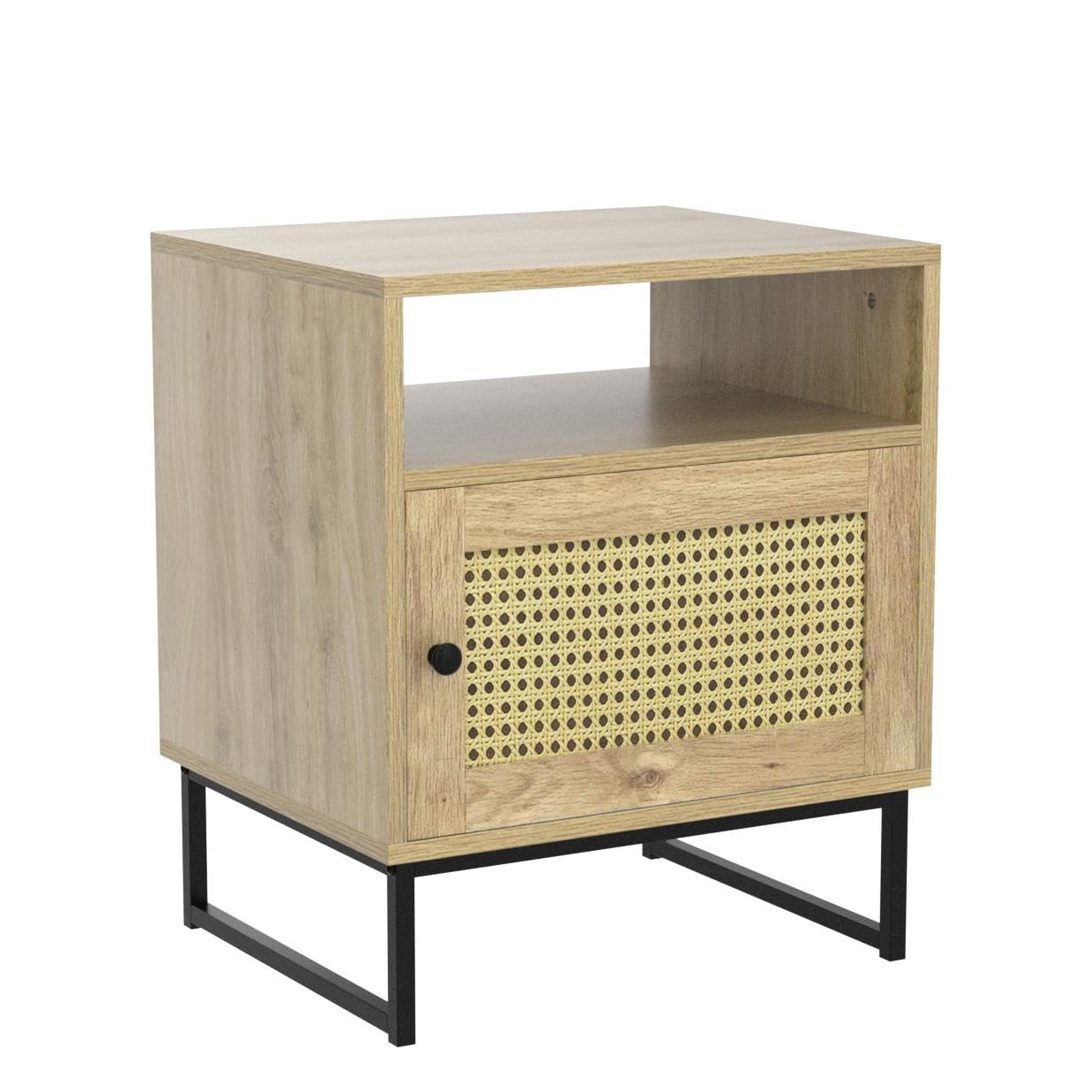 Tangkula Rattan End Table with Shelf & Cabinet - 19 x 16 x 22 Inch Natural Wood Finish Side Table - Steel Base Nightstand for Bedroom, Living Room - Perfect for Storing Books, Lamps & Bedroom Essentials