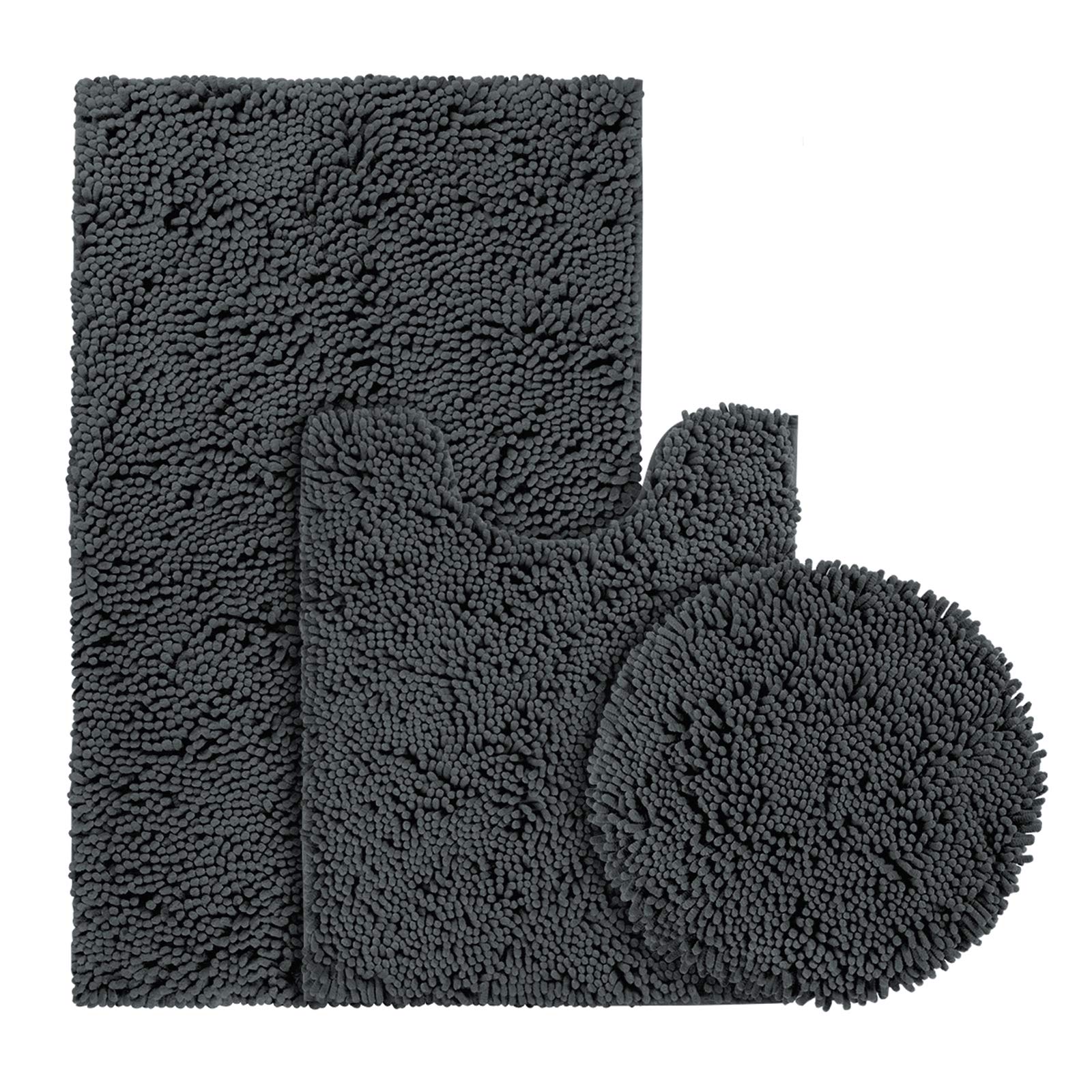 BYSURE 3-Piece Charcoal Bathroom Rug Set - Non-Slip, Super Absorbent Shaggy Chenille Toilet Lid Cover & Bath Mats - Soft, Quick-Dry Bathroom Carpet Set for Home, Spa & Guest Bathrooms