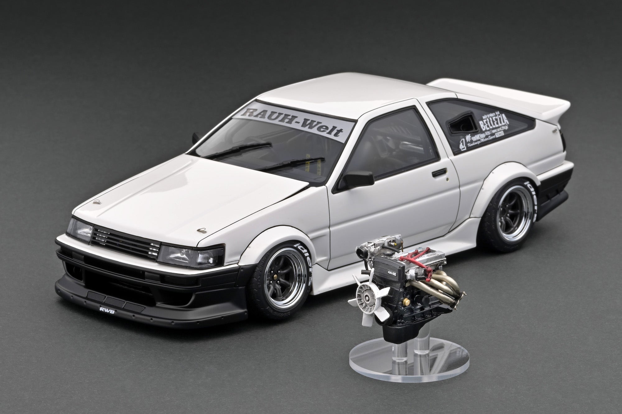 1:18 Scale Toyota AE86 RWB Diecast Model Car - White & Black with 4AG Engine Display | Collectible Japanese Drift Car | Perfect for Car Enthusiasts & Anime Fans (Initial D) | Home Office Decor, Gift for Men