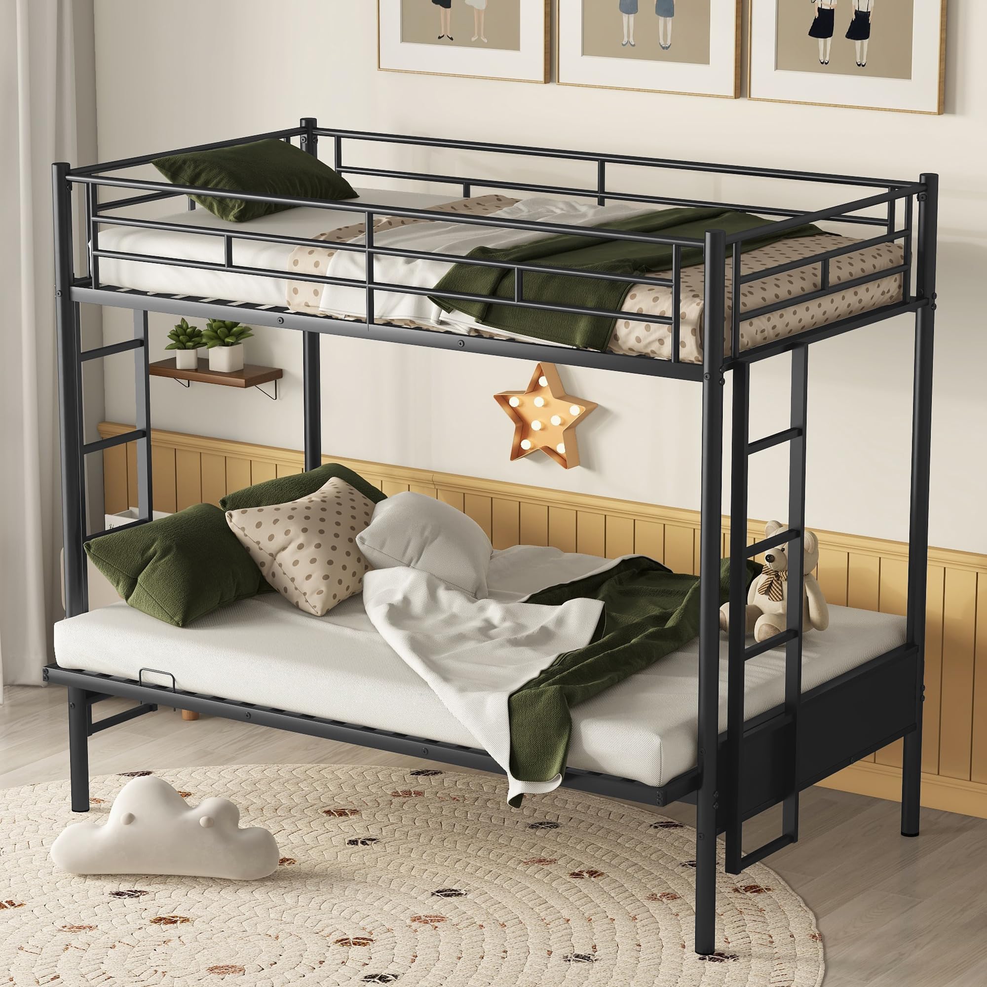 Convertible Twin Over Full Bunk Bed with Sturdy Steel Frame - Metal Bunk Bed & Sofa for Kids, Teens & Adults - Space-Saving Black Bed Frame with Safety Guard Rail & Ladder - Perfect for Small Bedrooms, Guest Rooms & Dormitories