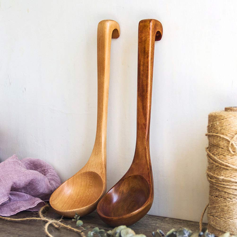 2PCS Wooden Spoons Set - Long Handle Wooden Ladle & Scoop for Cooking, Serving, and Stirring - Japanese Style Kitchen Utensils - Perfect for Soup, Salad, Pasta & Baking - Eco-Friendly Wooden Flatware for Home & Restaurant Use