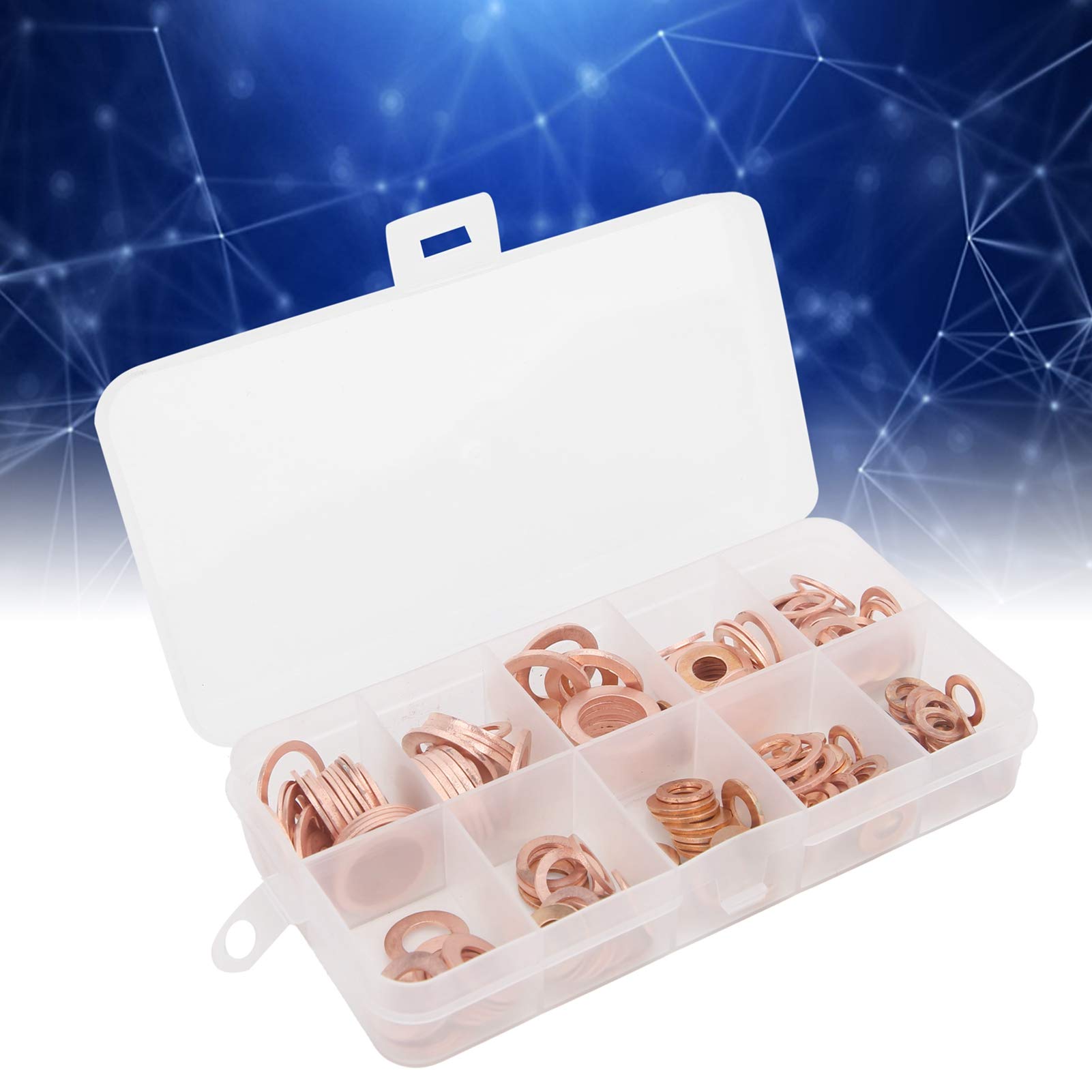 200pcs Copper Oil Seal Gasket O-Ring Set - Flat & Round Sealing Washers for Automotive, Plumbing & Industrial Applications - High-Temp Resistant Metal Gaskets for Engines, Pipes and Machinery