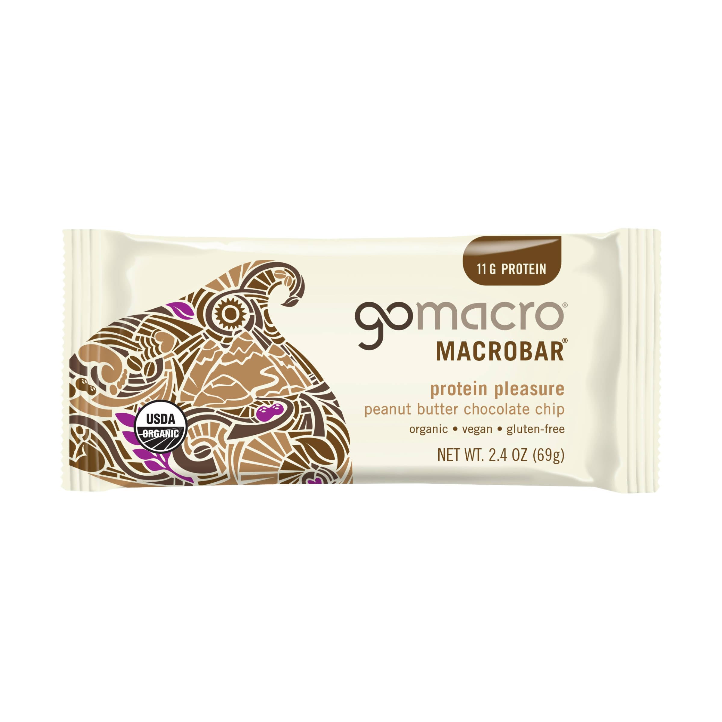 GoMacro Protein Pleasure Bar - Peanut Butter Chocolate Chip, 2.4 oz | Vegan, Gluten-Free, Organic Snack for Hiking, Workouts & On-the-Go Energy