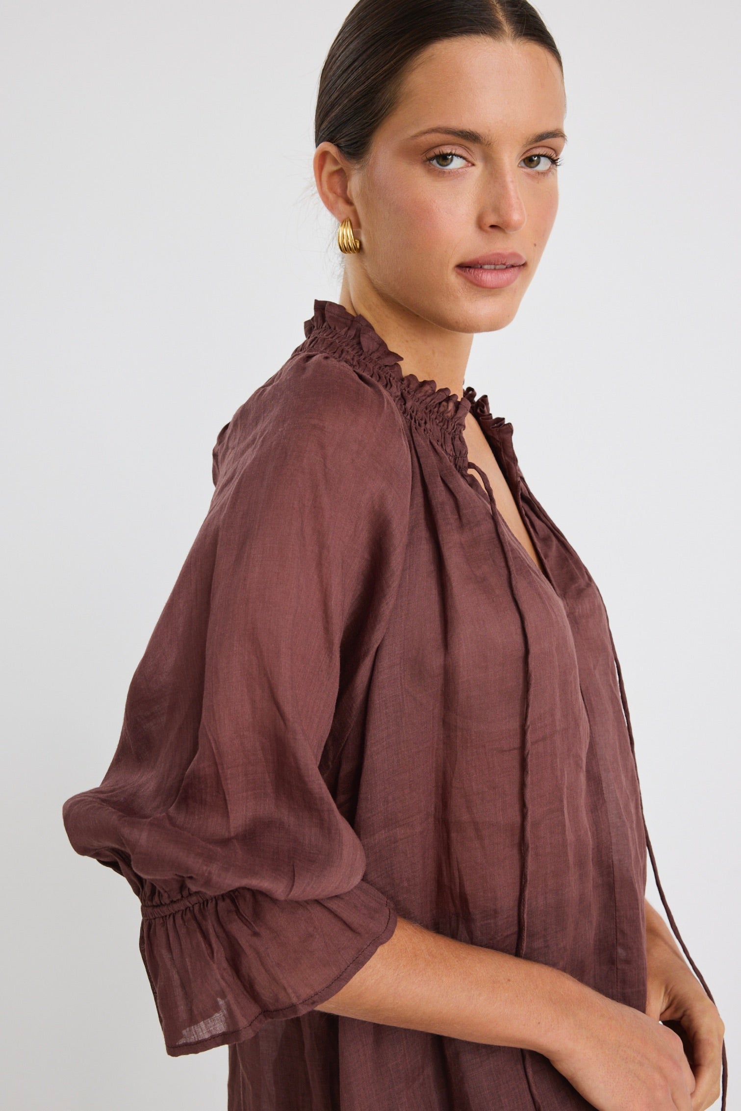 Expedition Chocolate Ramie Shirred Neck Short Sleeve Top - Breathable Summer Blouse for Outdoor Adventures & Casual Wear