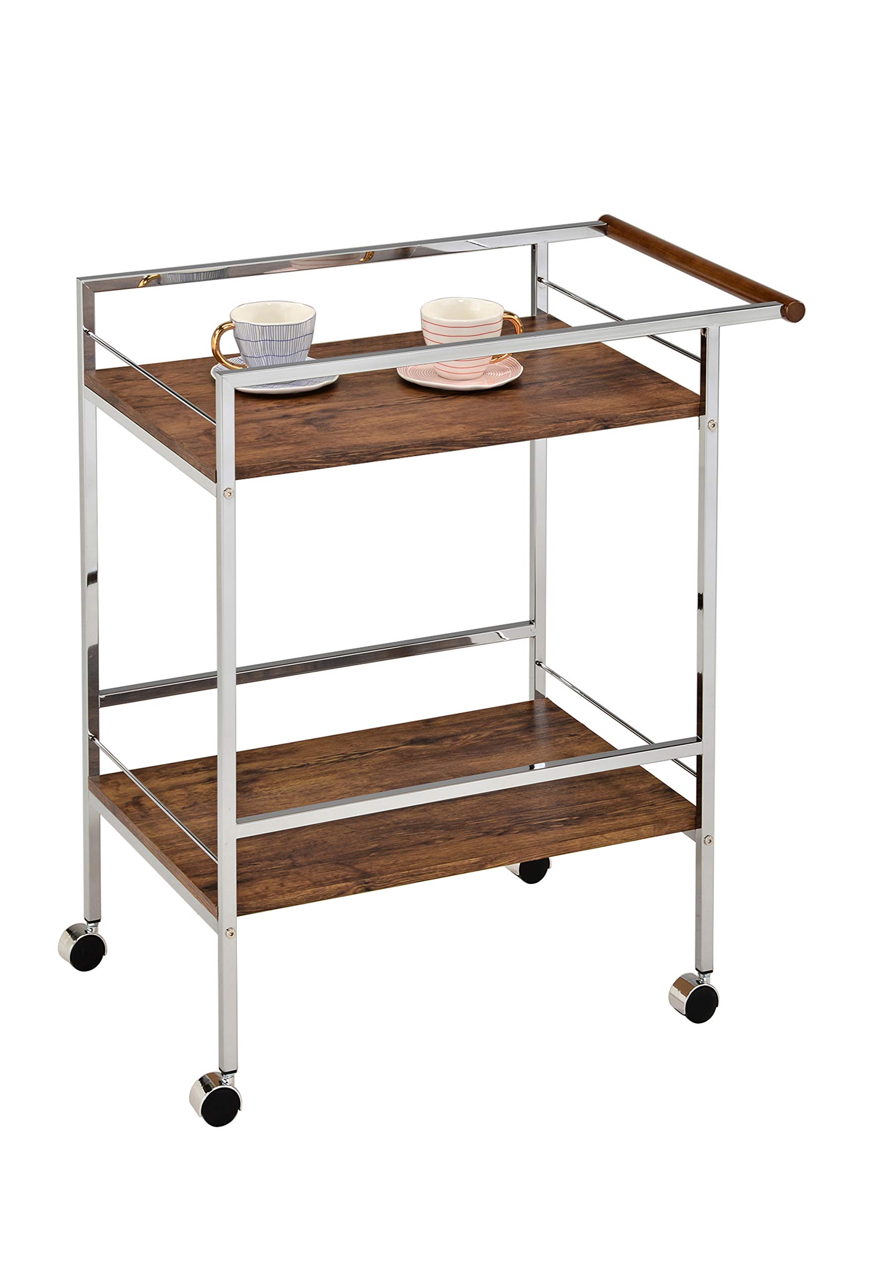 Kings Brand Furniture - Sutko Wood & Metal Rolling Bar Cart with Chrome Finish & Oak Top | Mobile Kitchen Island, Bar Serving Cart for Home, Restaurant & Outdoor Entertaining