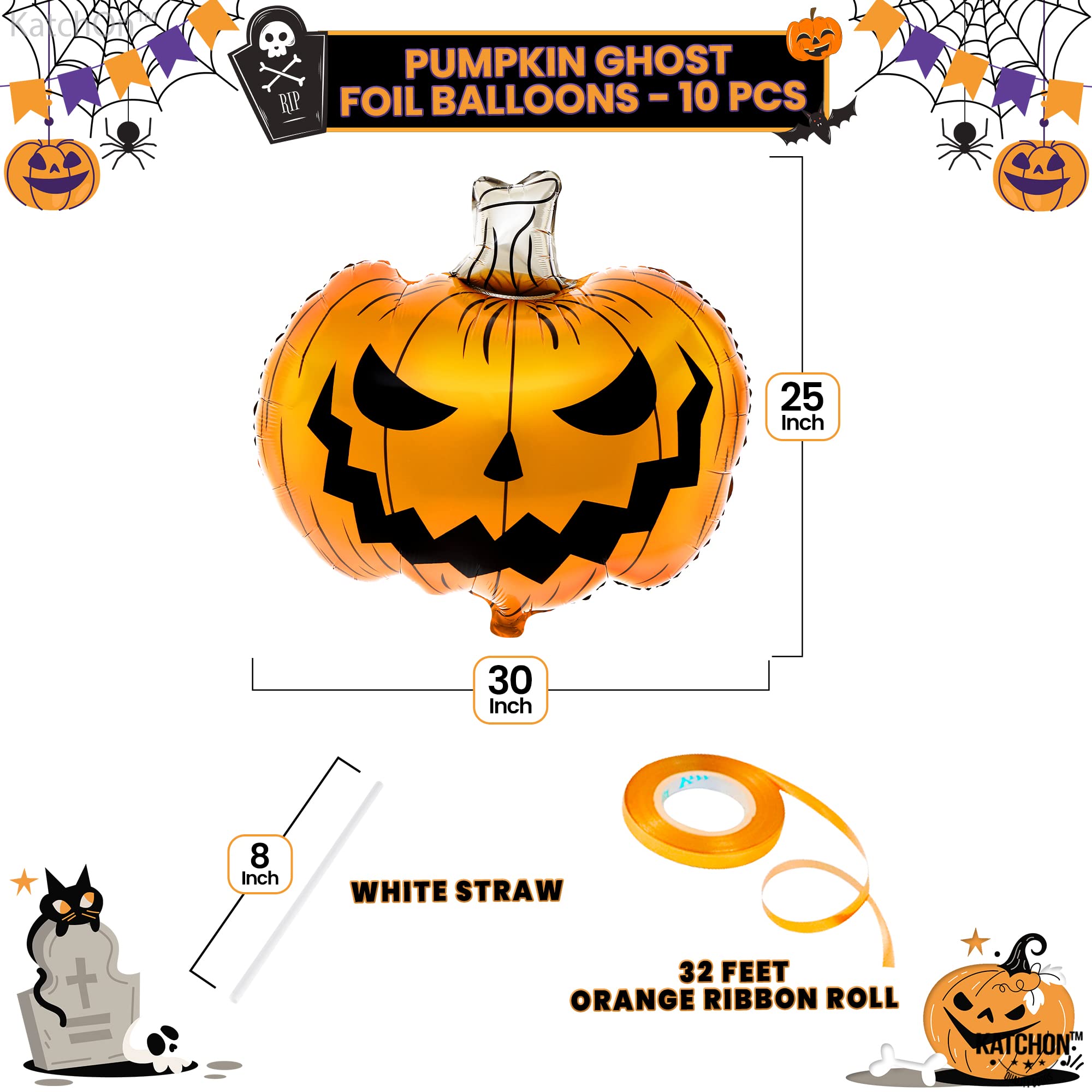 KatchOn 25 Inch Scary Halloween Pumpkin Balloons - Pack of 10 | Large Orange Foil Balloons for Halloween Party Decorations, Pumpkin Patch Displays & Spooky Home Decor | Perfect for Halloween Parties, Haunted Houses & Fall Festival Decor