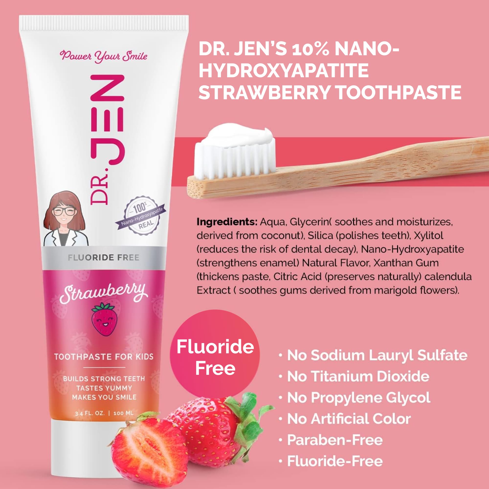 Dr. Jen Kids Toothpaste with 10% Nano Hydroxyapatite - Fluoride-Free, Whitening & Sensitive Teeth Support for Children (Strawberry Flavor) | Gentle Dental Care for Kids, Perfect for Daily Brushing & Cavity Prevention