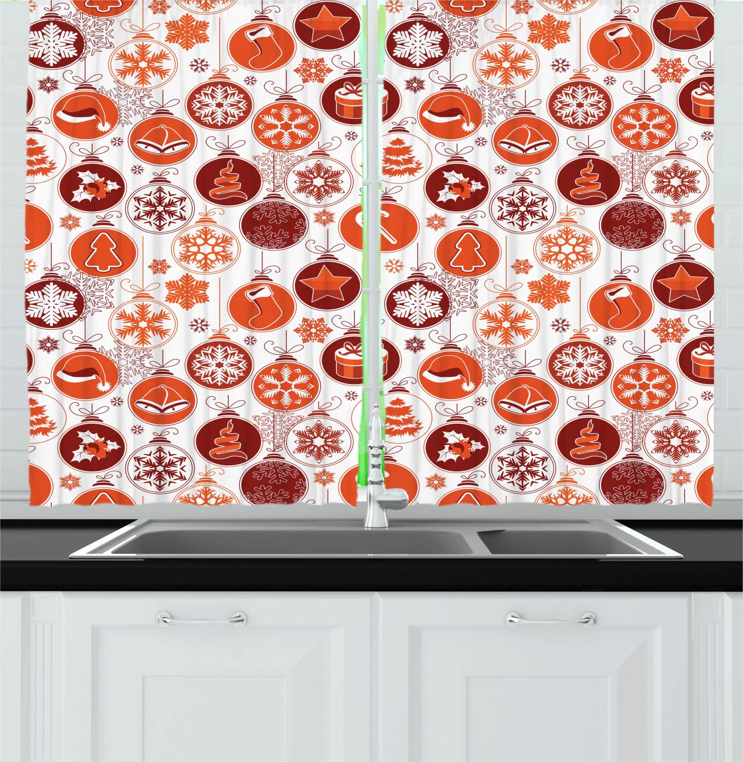 Ambesonne Christmas Kitchen Curtains - Classic Vintage Holiday Carols Winter Design, 2 Panel Rod Pocket Drapes for Windows, 55 x 45 Inches, White & Red - Perfect for Festive Home Decor, Holiday Parties & Cozy Winter Dining Rooms