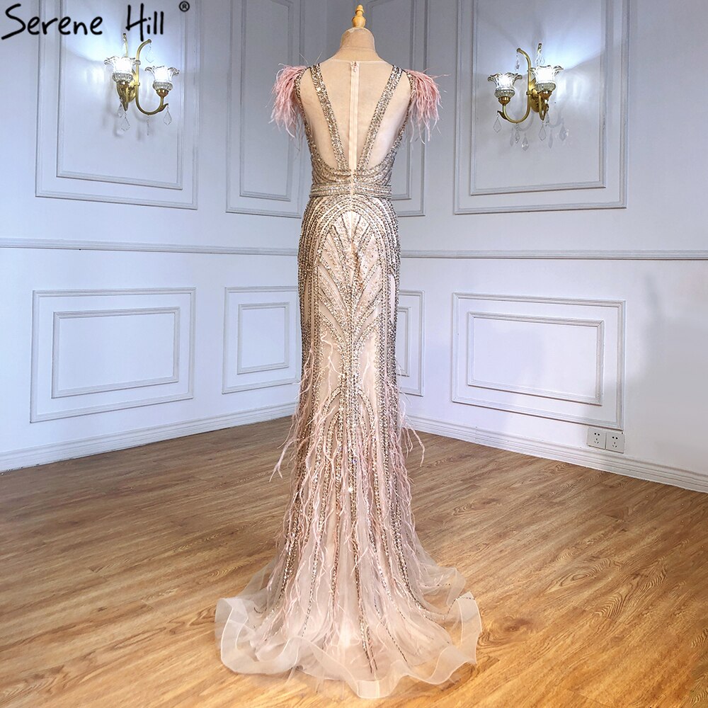 Serene Hill Luxury Mermaid Evening Gowns for Women - Elegant Feather & Beaded Nude Dresses 2025 Collection | Perfect for Prom, Gala, Wedding & Formal Parties (LA71340)