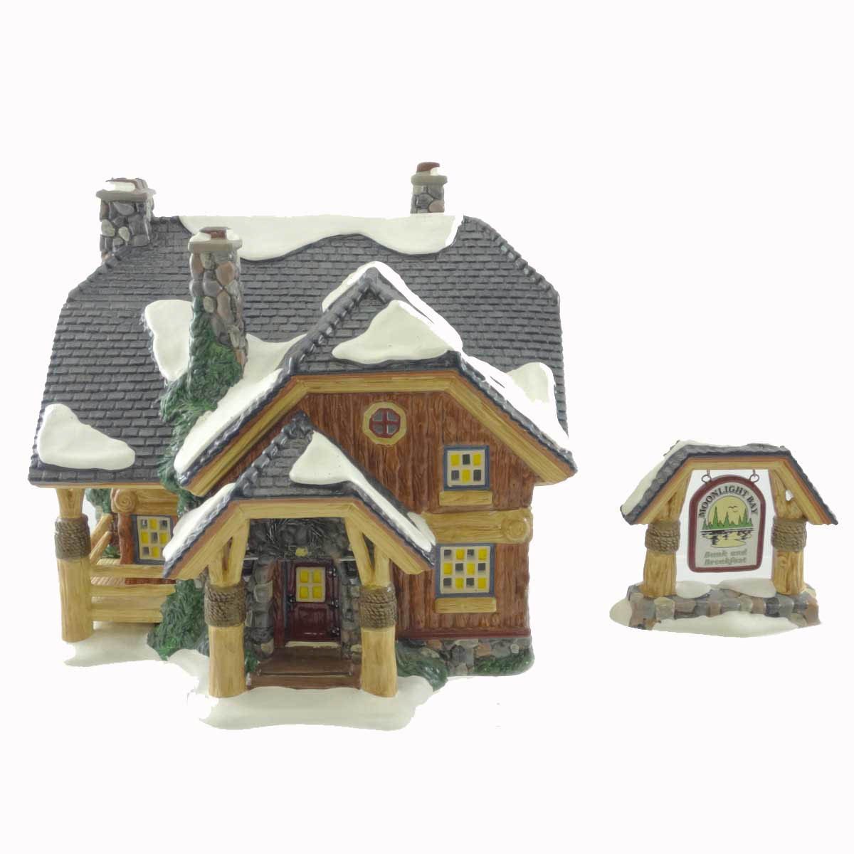 Moonlight Bay Bunk & Breakfast Snow Village Log Cabin - 7.5 Inch Ceramic Christmas Village Collectible for Holiday Home Decor & Gift Giving