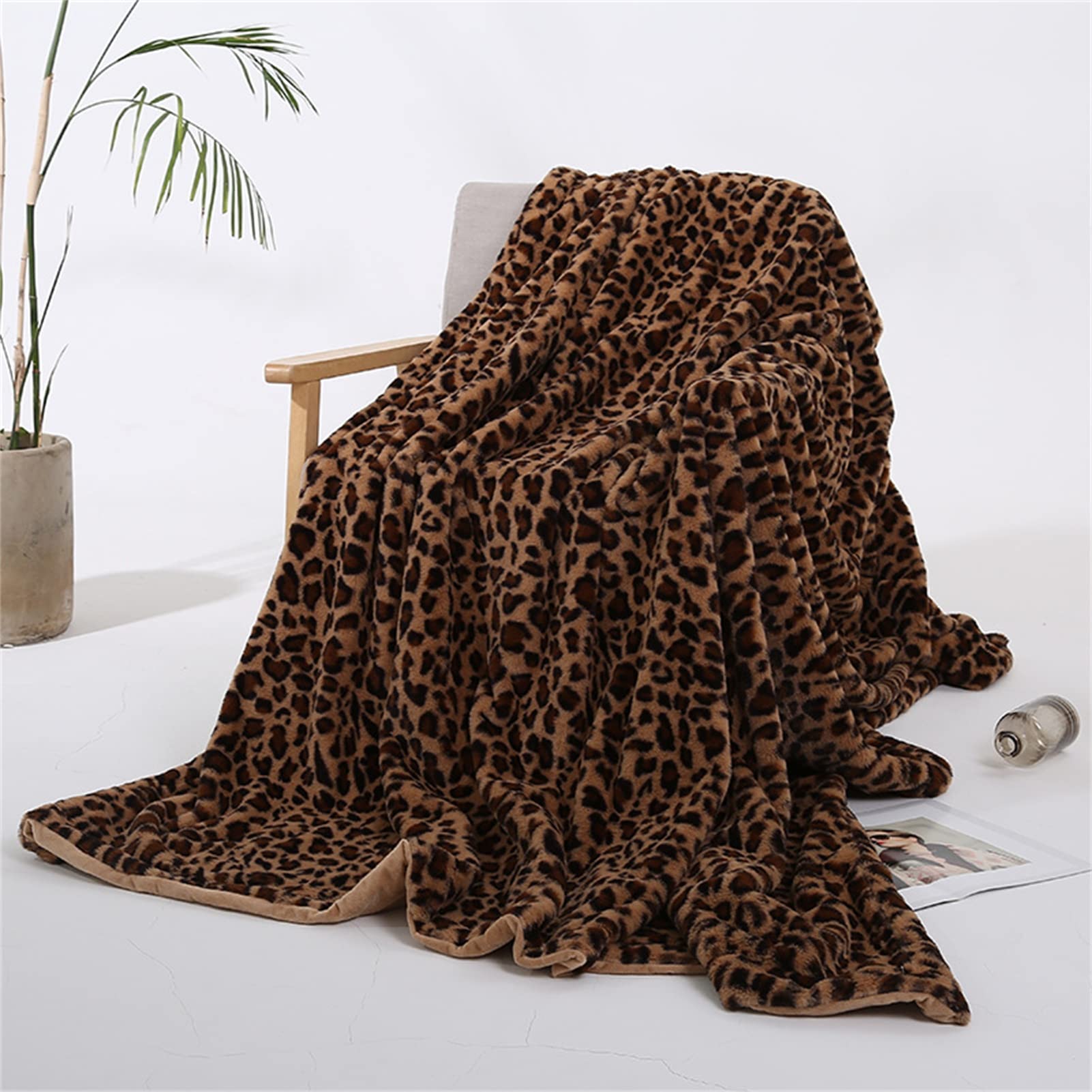 Domion Leopard Print Double-Sided Fleece Blanket - Soft Imitation Rabbit Fur Throw for Sofa, Bed & Couch - Light Brown 51x63 Inches - Perfect for Winter Warmth, Cozy Naps & Home Decor