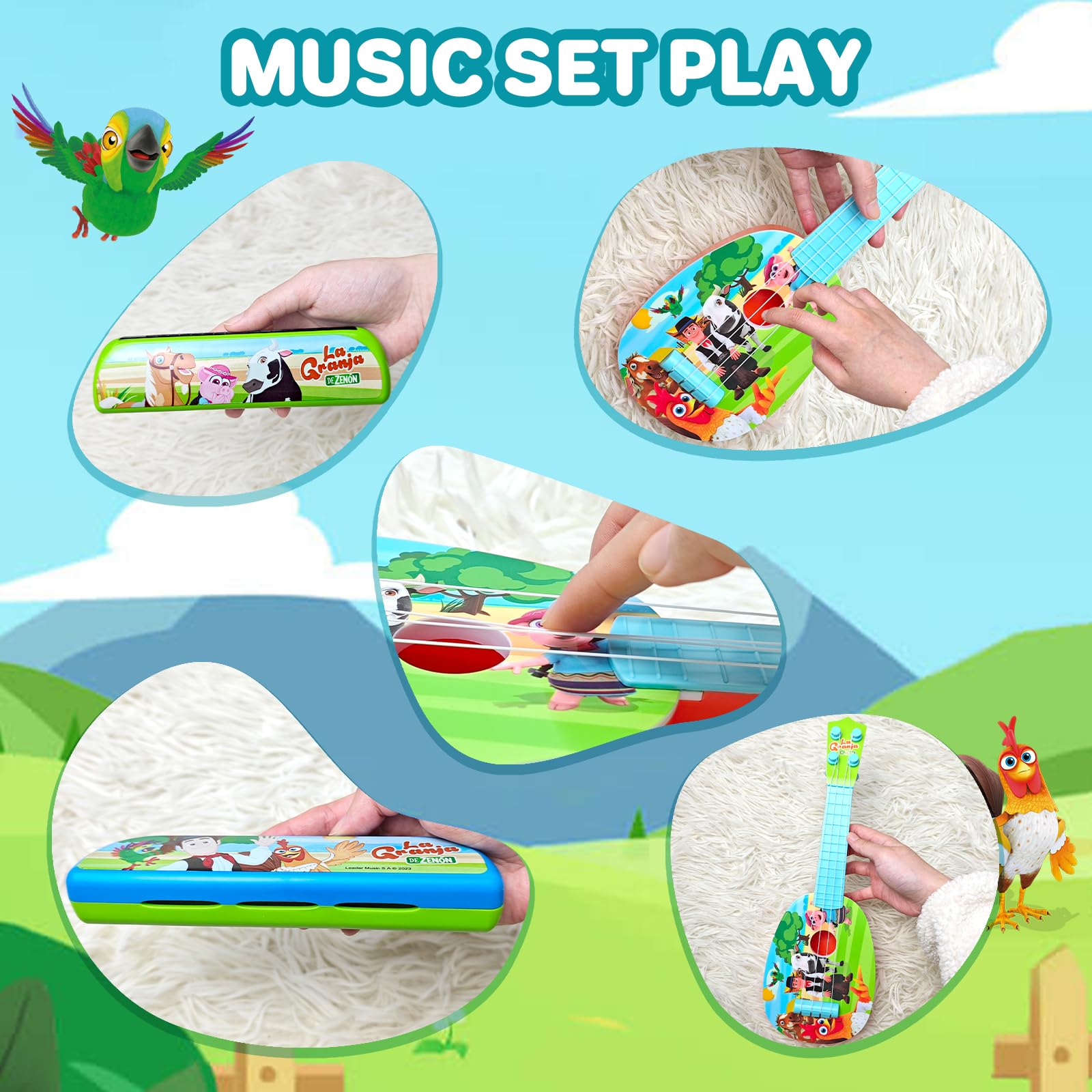 La Granja de Zenon Kids Ukulele Set - Musical Instruments for Toddlers 1-3 Years with Mini Guitar & Harmonica | Perfect Birthday Gift for Boys & Girls | Early Childhood Music Education & Playtime Fun