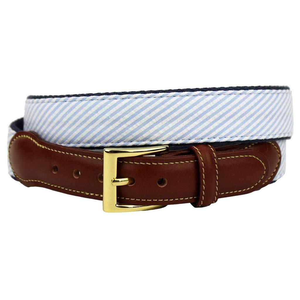 Country Club Prep Light Blue Seersucker Leather Tab Belt – Classic Preppy Style for Men, Perfect for Golf, Polo & Summer Outings