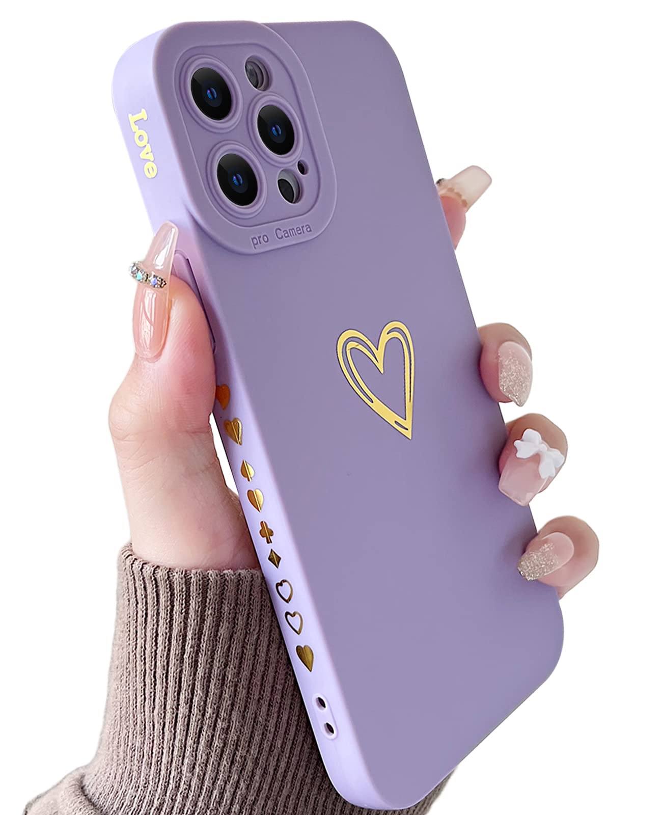 Luxury Heart iPhone 12 Pro Max Case for Women - 6.7 Inch Bronzing Soft TPU Shockproof Cover with Full Camera Protection, Cute Purple Design | Perfect for Everyday Use, Gift Giving & Fashion Protection