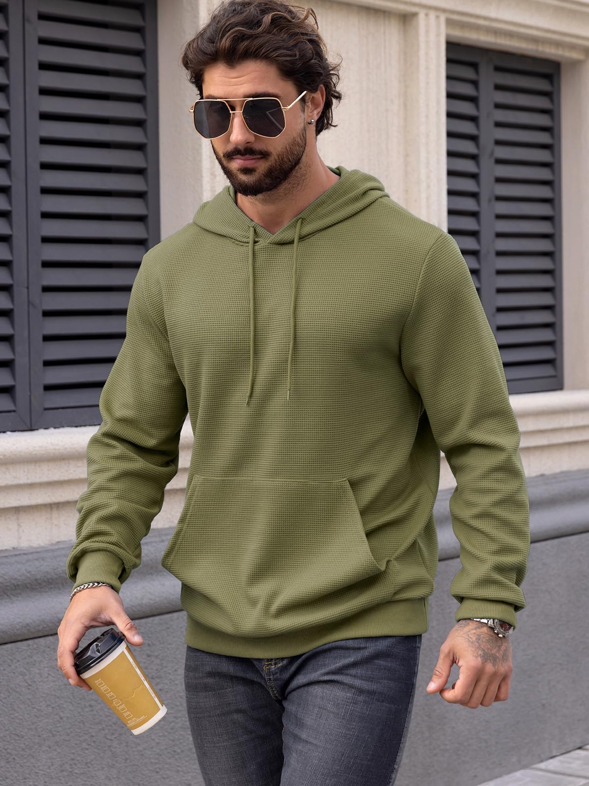 MANSDOUR Men's Casual Long Sleeve Waffle Knit Hoodie with Drawstring & Pocket - Warm Pullover Sweatshirt for Outdoor Activities, Streetwear & Lounge Wear