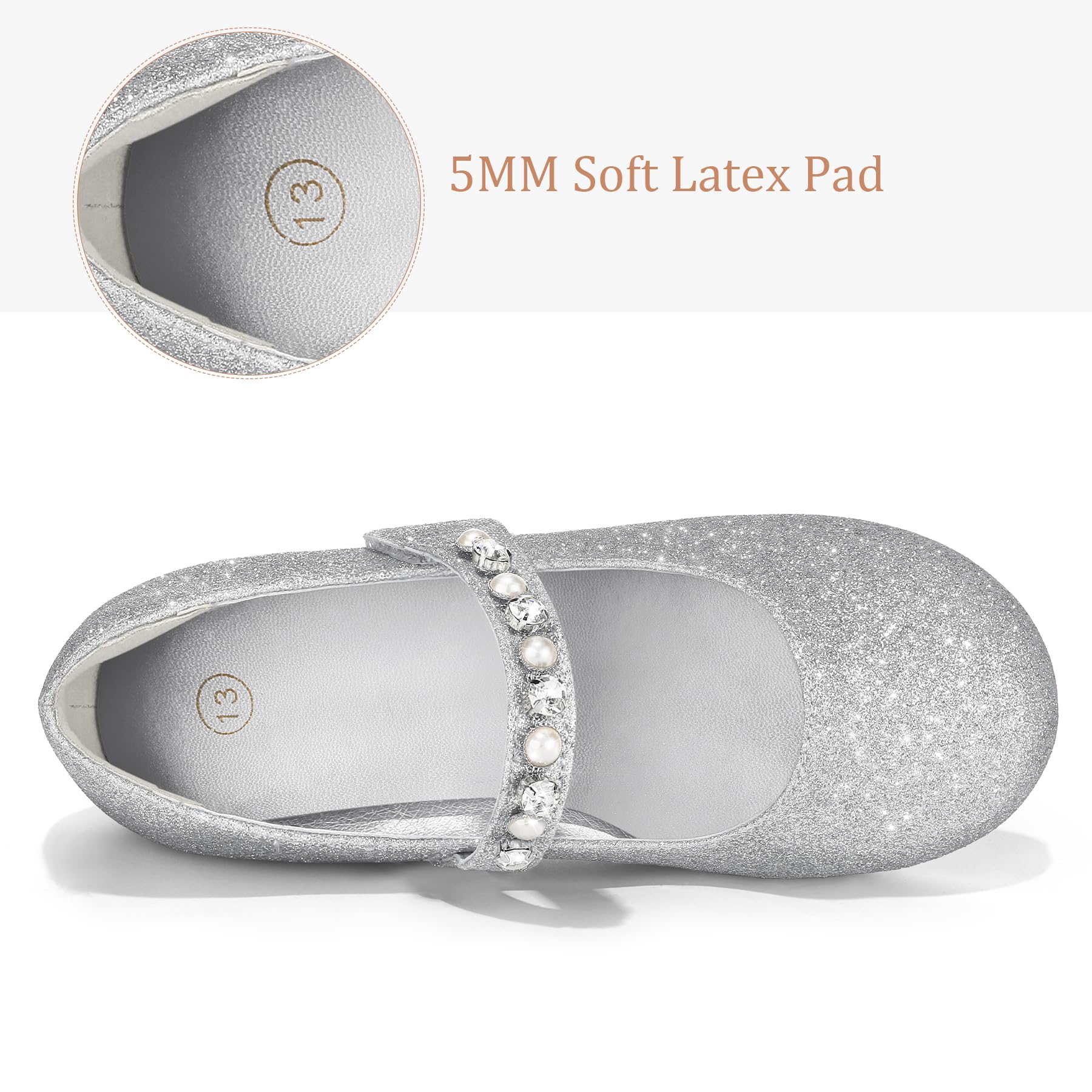 **KomForme Girls Ballet Flats with Pearl Rhinestones - Mary Jane Slip-On Shoes for Toddler/Little Kid/Big Kid - Perfect for Party, School, Wedding & Dress Up**