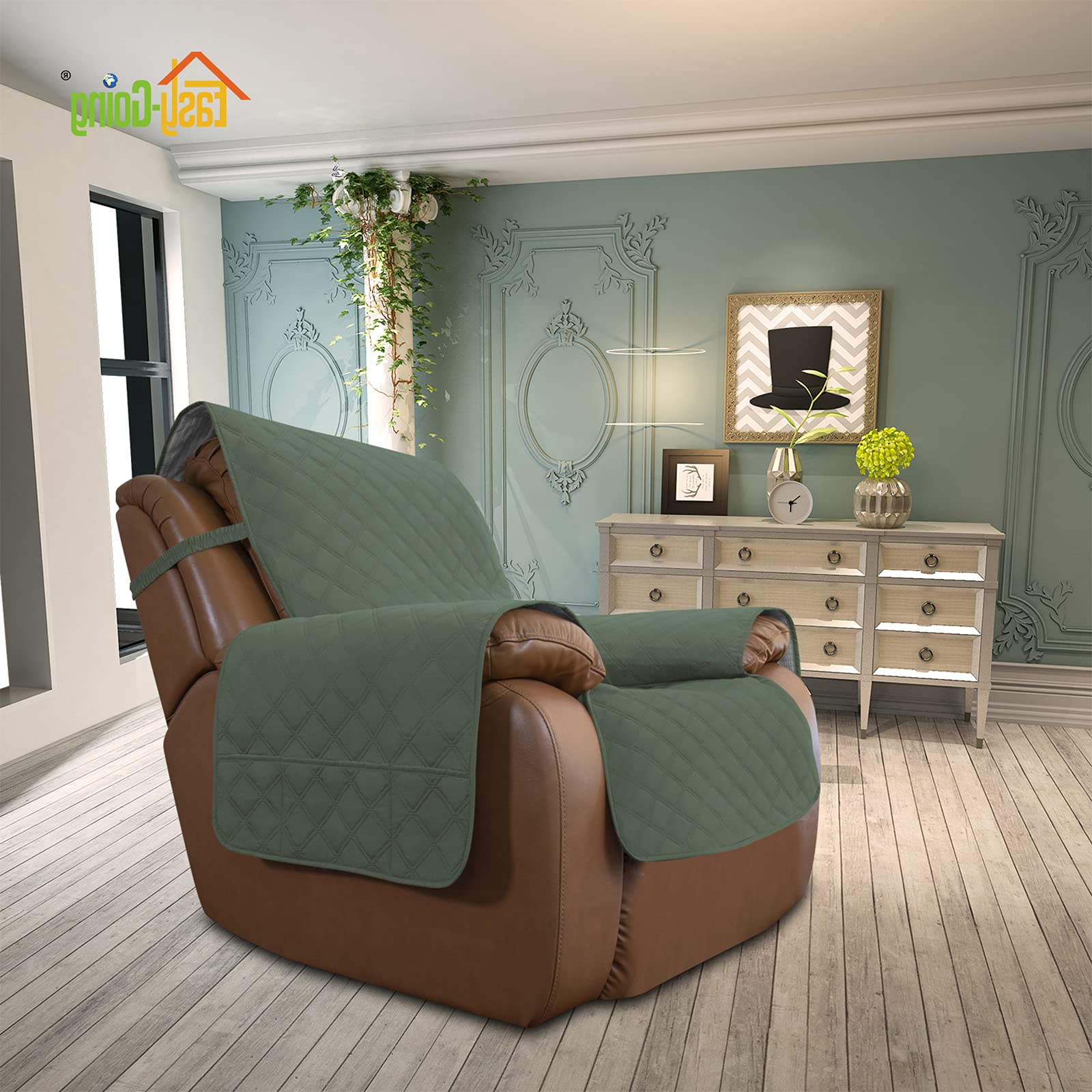 Waterproof Oversized Recliner Chair Cover - Non-Slip Sofa Slipcover for Living Room, Washable Furniture Protector for Pets & Kids (Greyish Green, 28