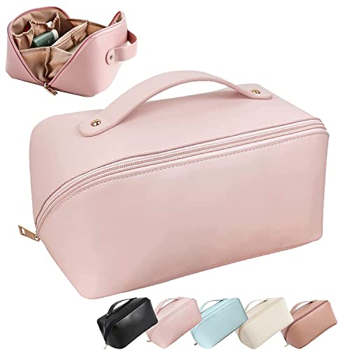 V TRIVYOM Large Capacity Waterproof Leather Makeup Bag with Handle & Divider - Travel Cosmetic Organizer for Women & Girls, Portable Toiletry Bag for Daily Use, Gym, Vacation & Business Trips (Multicolor)