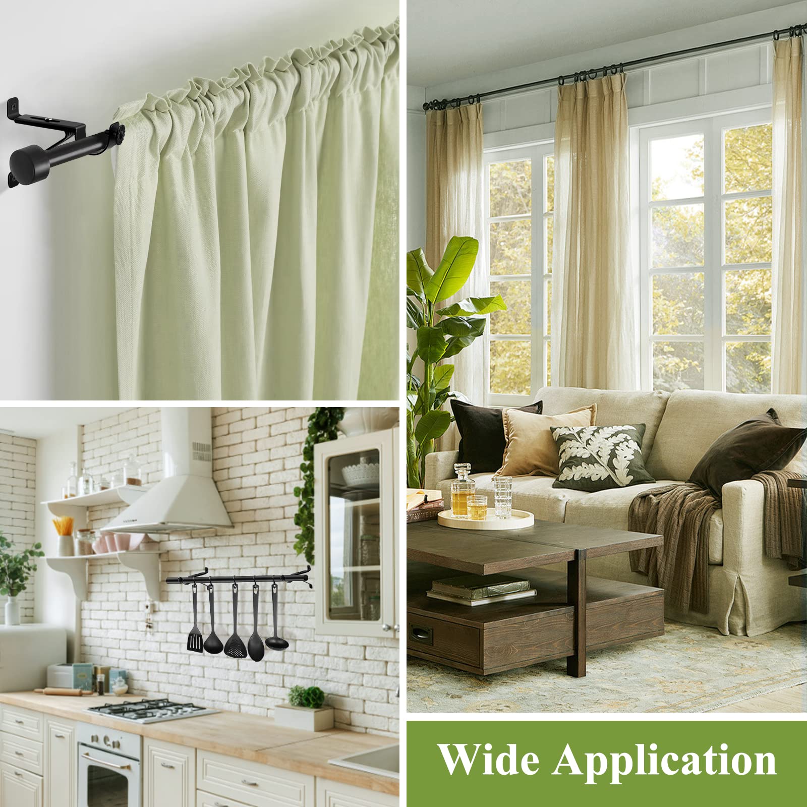 Heavy Duty Adjustable Curtain Rod Brackets - 4 Pack Black Wall Mount Drapery Rod Holders for 1 to 1.1 Inch Poles - Perfect for Living Room, Bedroom & Home Decor