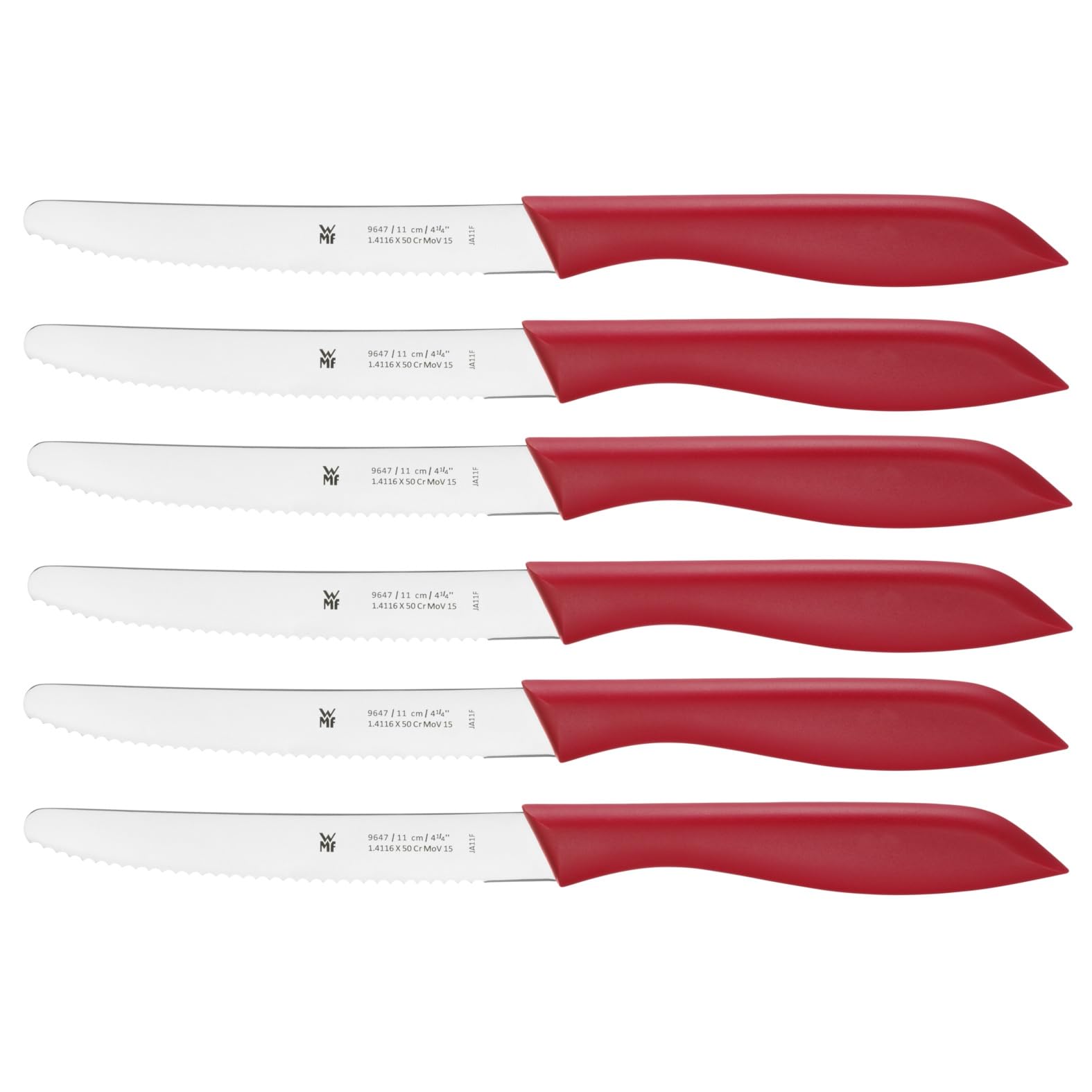 WMF 6-Piece Breakfast Knife Set - 23cm Serrated Bread Knife with Special Blade Steel & Red Plastic Handle - Perfect for Slicing Bread, Bagels, and Pastries