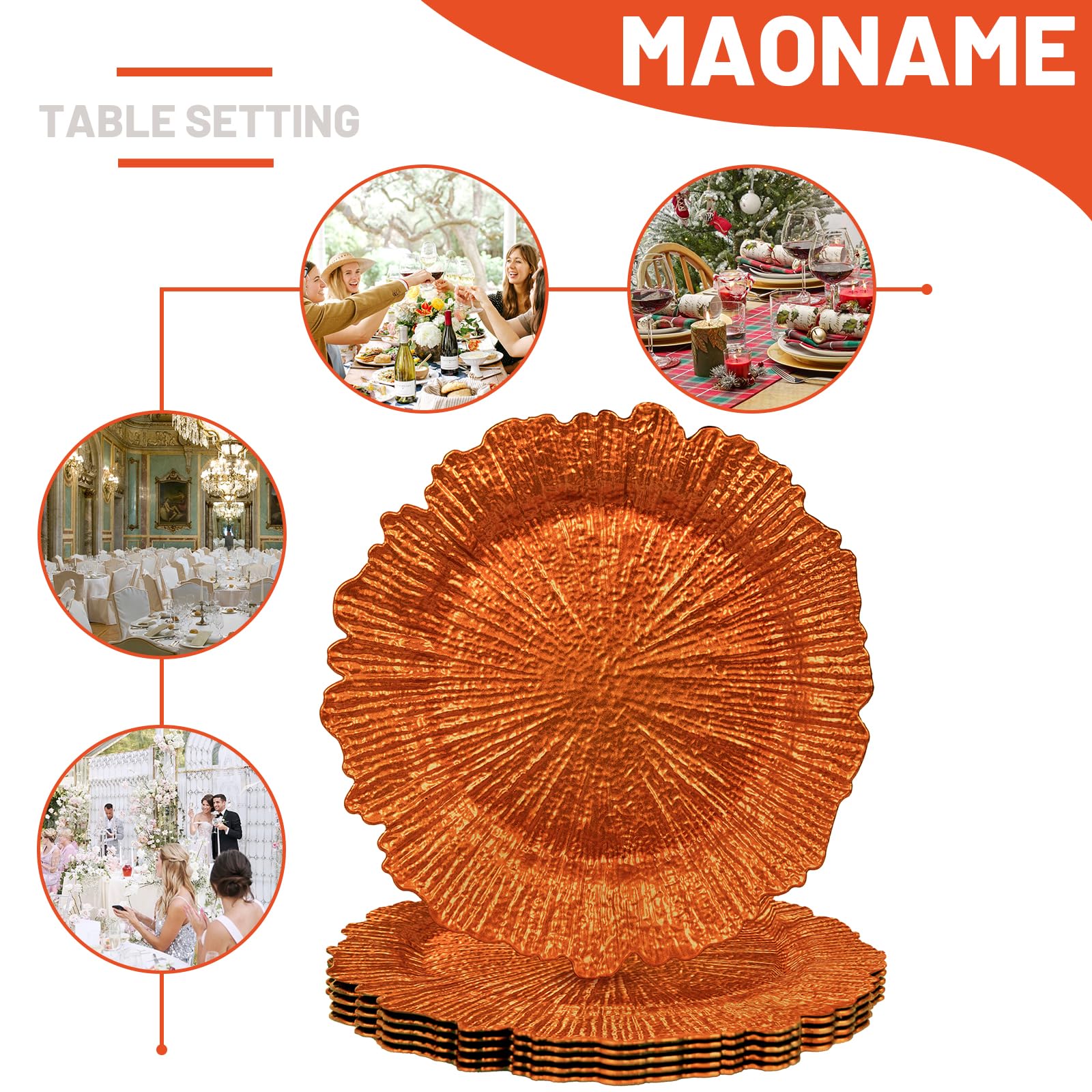 MAONAME 13-inch Orange Plastic Charger Plates - Set of 6, Elegant Dinner Plate Chargers for Wedding Decor, Party Table Setting & Holiday Dining