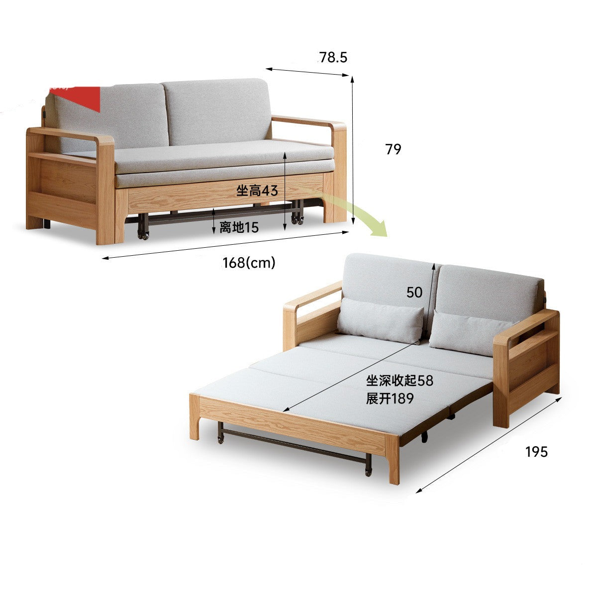 Solid Wood Sleeper Sofa - Beech & Oak Multi-Functional Convertible Sofa Bed for Living Room, Guest Room & Small Spaces