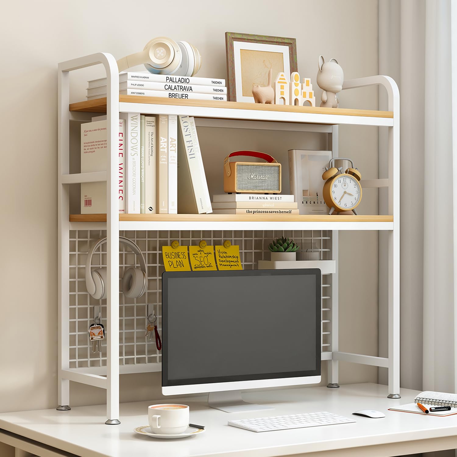 IOTXY 2-Tier Metal Desk Shelf Bookcase with Grid Panel - 37.4