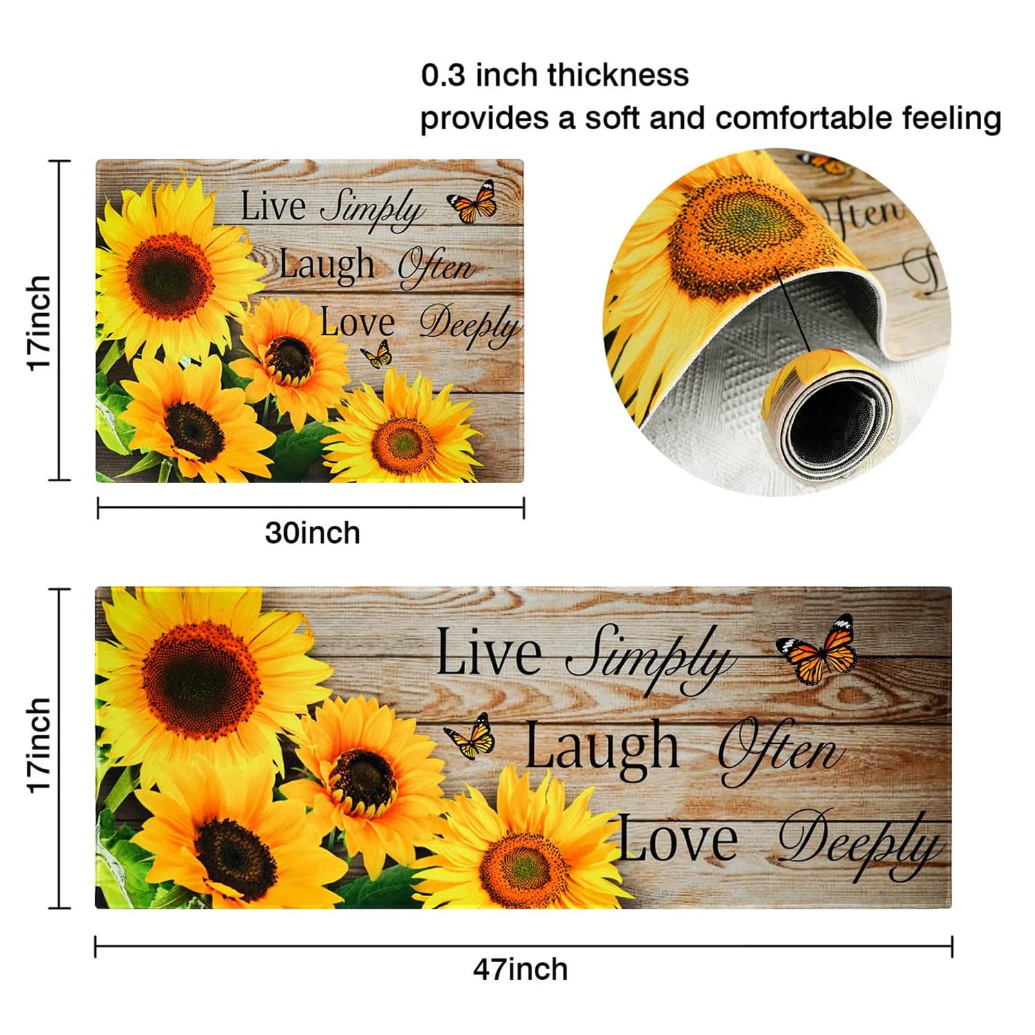 2-Pack Sunflower Kitchen Rugs - Non-Slip Washable Anti-Fatigue Mats with Wooden Background - Farmhouse Decor for Standing Comfort (17x30 + 17x47 Inches) - Perfect for Kitchens, Entryways, and Laundry Rooms