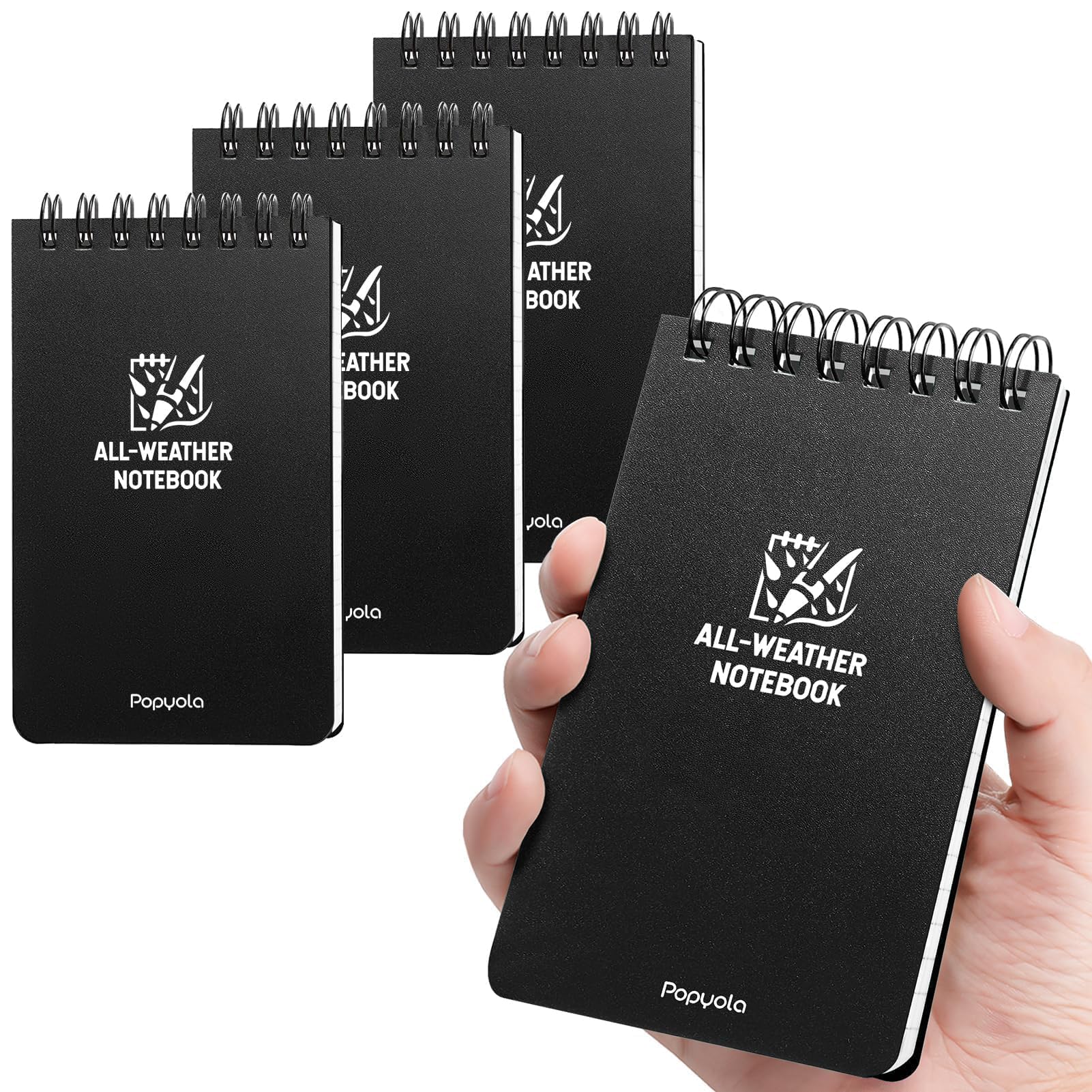 POPYOLA 4 Pack Waterproof Pocket Notebook - 3x5 All Weather Mini Spiral Notepad with 100 Squared Pages | Perfect for Outdoor Adventures, Police Work, Home Office & School Use