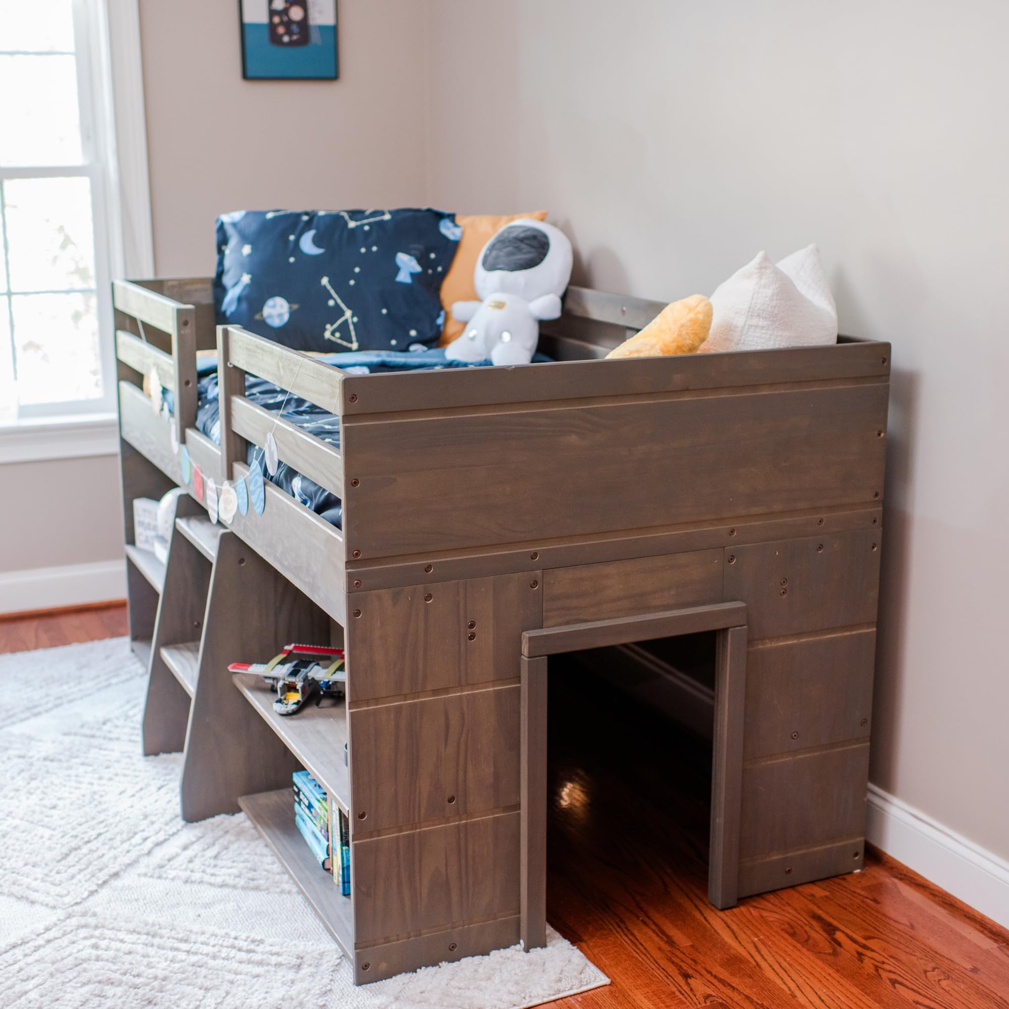 Modern Farmhouse Low Loft Twin Bed Frame for Kids with 2 Built-in Bookcases - Solid Wood Driftwood Finish - Space-Saving Study & Play Solution for Small Bedrooms