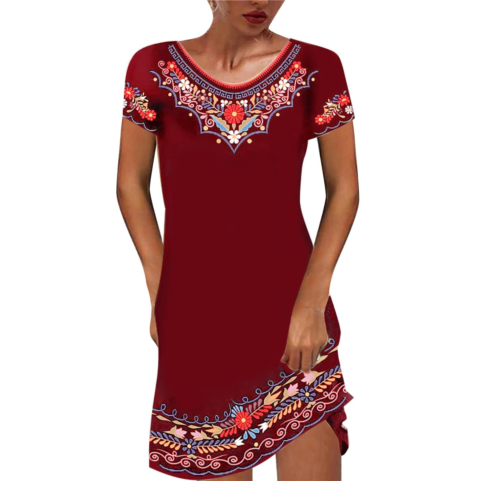 Women's Floral V-Neck Short Sleeve Summer Dress - Tribal Print Casual Long Dress for 2022 | Perfect for Beach Vacations, Outdoor Parties & Summer Getaways