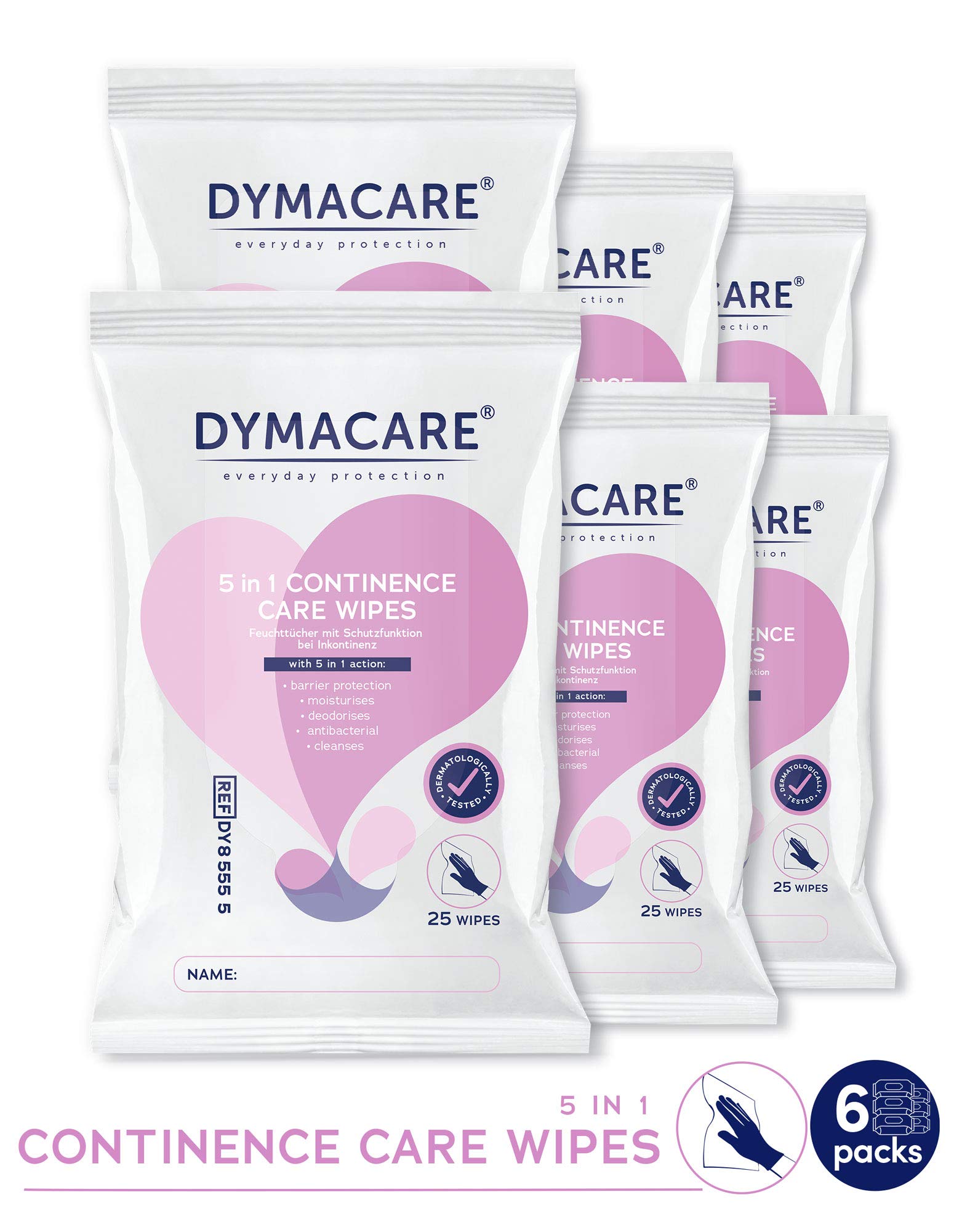 DYMACARE 5-in-1 Continence Care Wipes for Adults | Scented Disposable Incontinence Cloths with Barrier Protection | Gentle Skin Cleansing Wipes | 6 Packs (150 Count) | Ideal for Home Care, Travel & Hospital Use