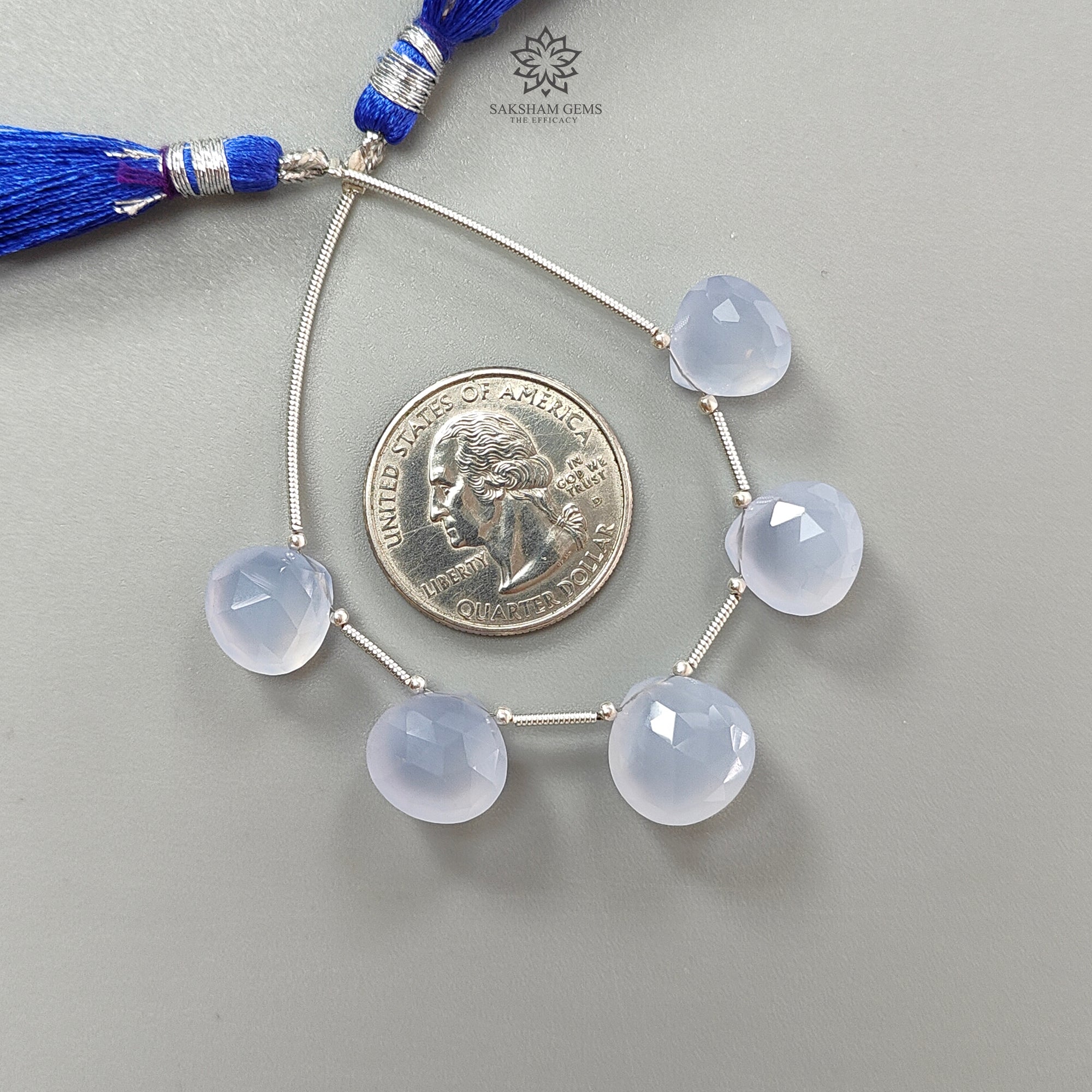 Natural Blue Chalcedony Faceted Loose Beads - 32.00cts Untreated Gemstone, 925 Silver Heart Checker Cut Briolette (11mm-13mm) for Jewelry Making, DIY Crafts & Healing Crystal Collection