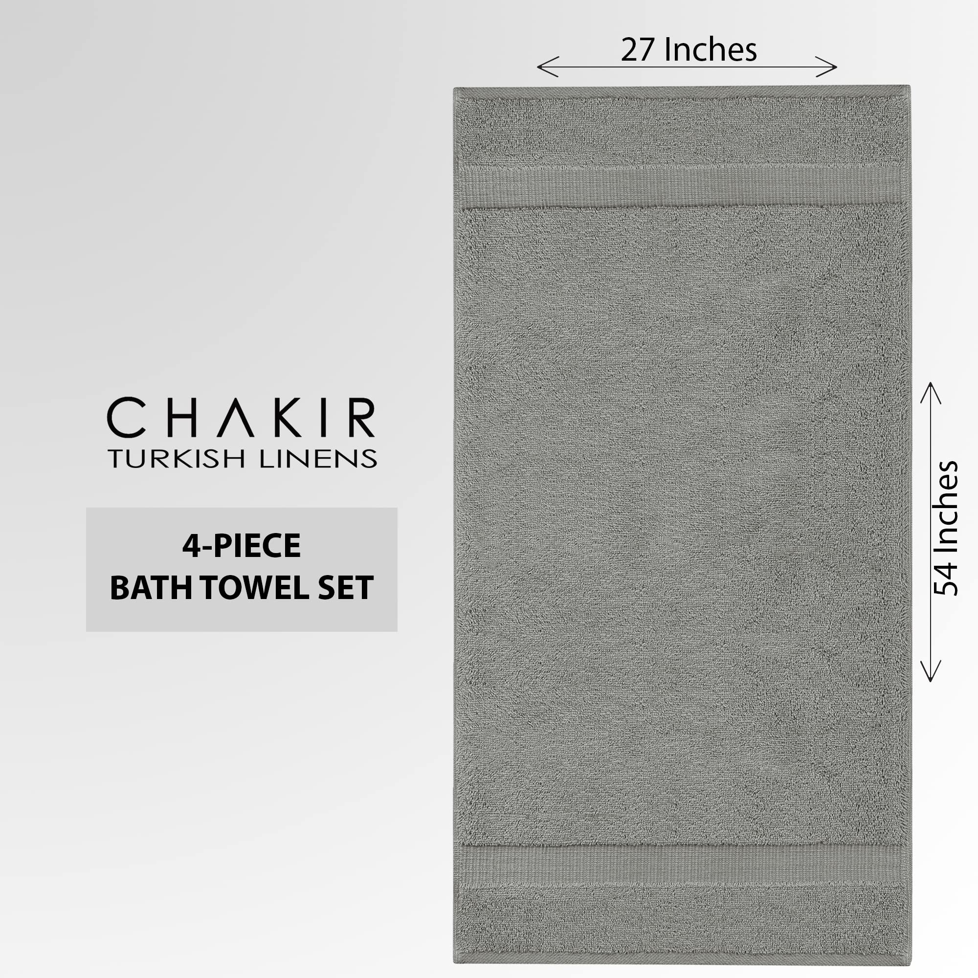 Premium Turkish Cotton Bath Towels Set of 4 - Super Absorbent & Quick Dry - Soft Luxury Towels for Spa, Beach & Gym (Gray) - Chakir Turkish Linens