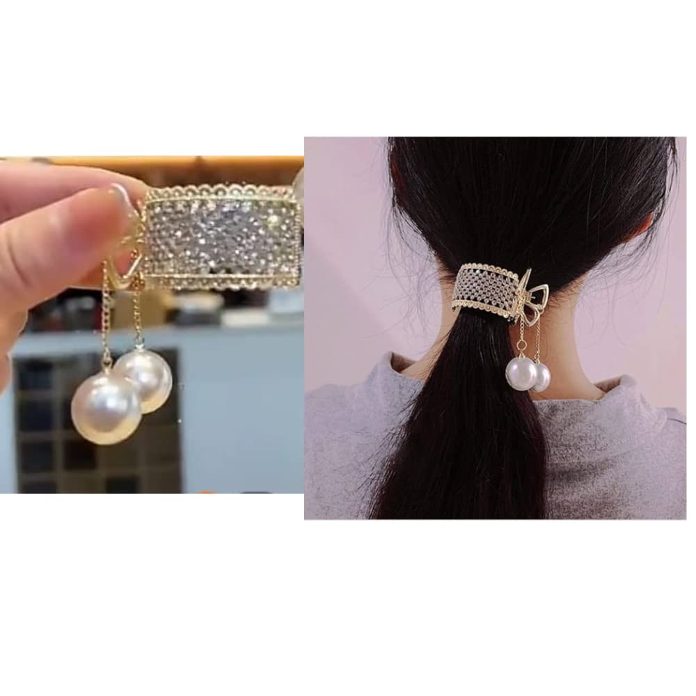 Elegant Pearl Rhinestone Hair Clip for Women - Sparkly Metal Spring Ponytail Holder Barrette Accessories (1 Pack, Medium Size) - Perfect for Weddings, Parties & Everyday Hairstyles