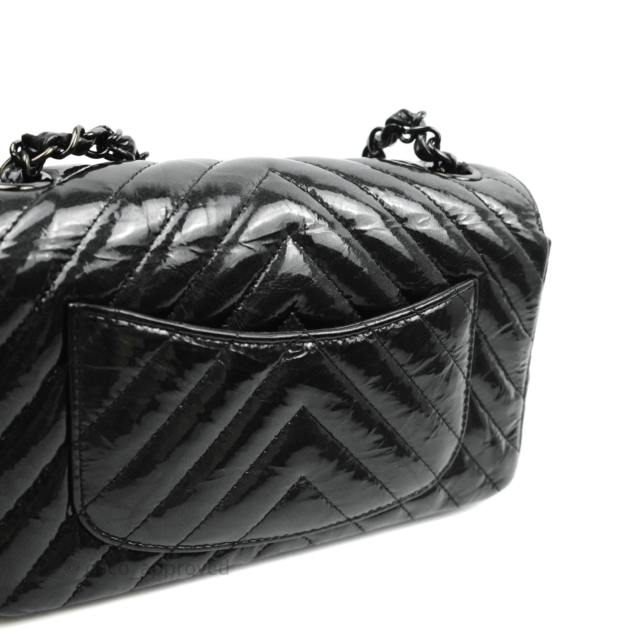 Chanel Chevron Mini Rectangular Flap Bag in Black Crumpled Patent Leather with So Black Hardware - Perfect for Evening Events & Luxury Fashion Accessories