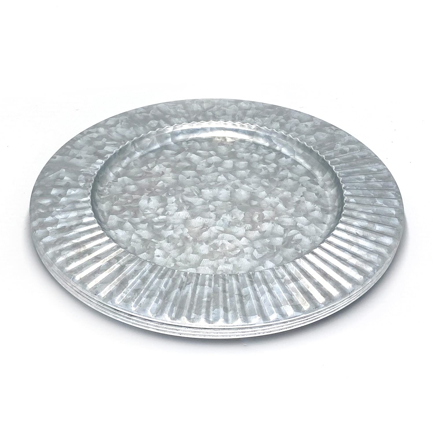 KOXIN-KARLU 6-Piece Ruffled Galvanized Charger Plates Set - 13-Inch Silver Steel Dinner Plate Chargers for Formal Dining, Wedding, and Holiday Decor