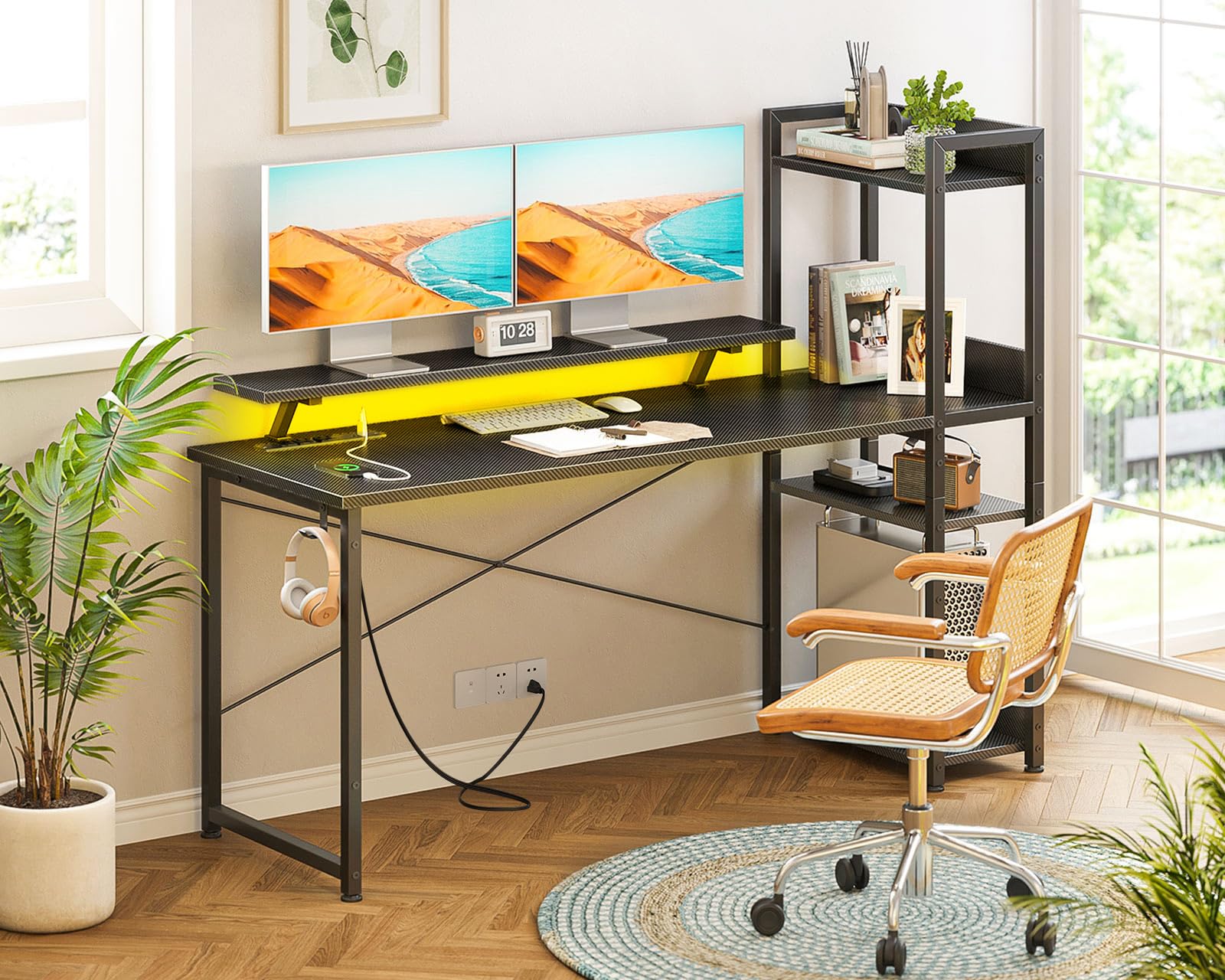 ODK 55 Inch Reversible Gaming Desk with USB Charging Port & LED Lights, Carbon Fiber Black Computer Desk with Storage Shelves & Monitor Stand - Perfect for Home Office, Gaming Setup, and Bedroom Workspace