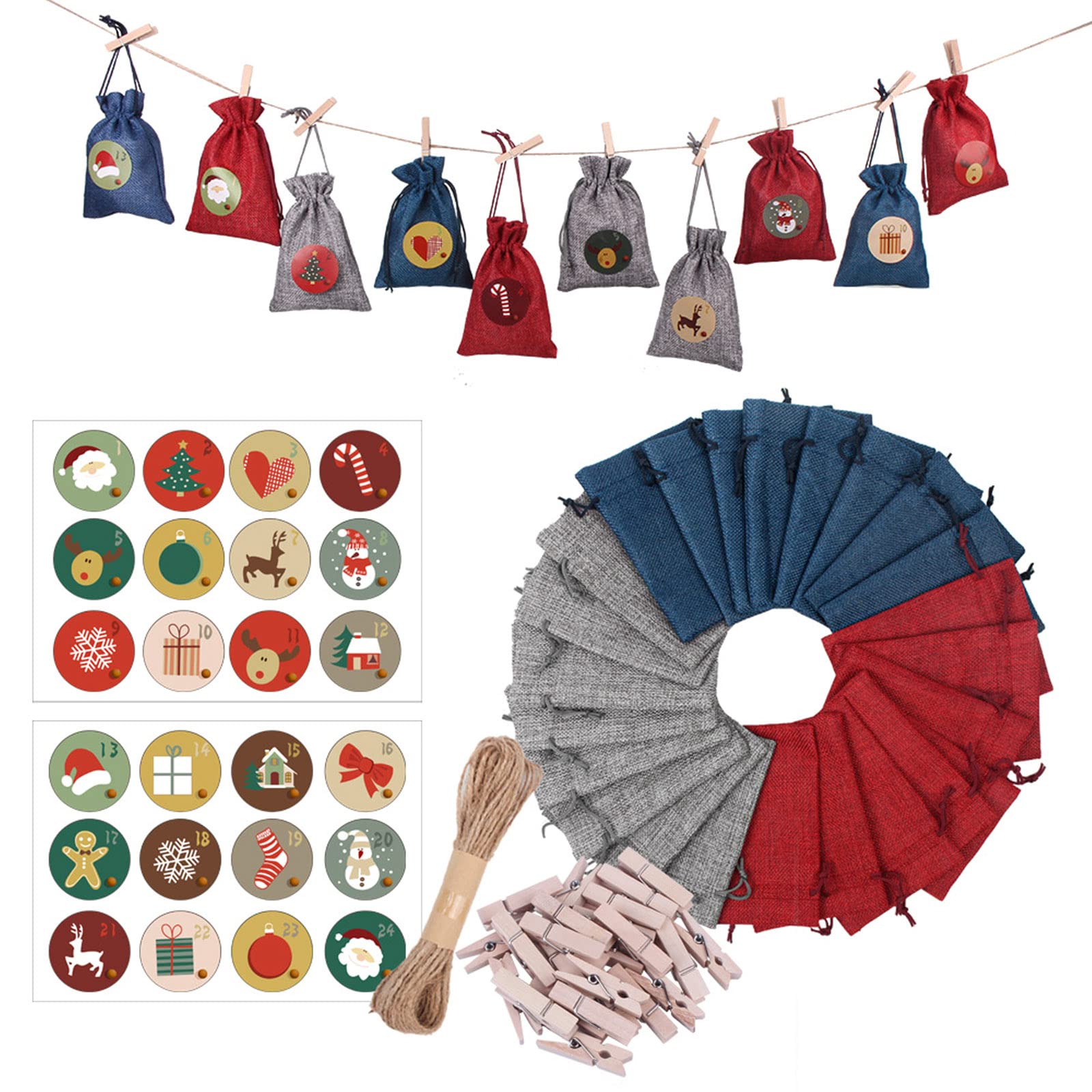 24Pcs Christmas Advent Calendar Bags - Colorful Countdown Drawstring Bags for Holiday Decorations, Gift Wrapping & Party Favors | Perfect for Home, Office & Classroom Christmas Countdown Activities