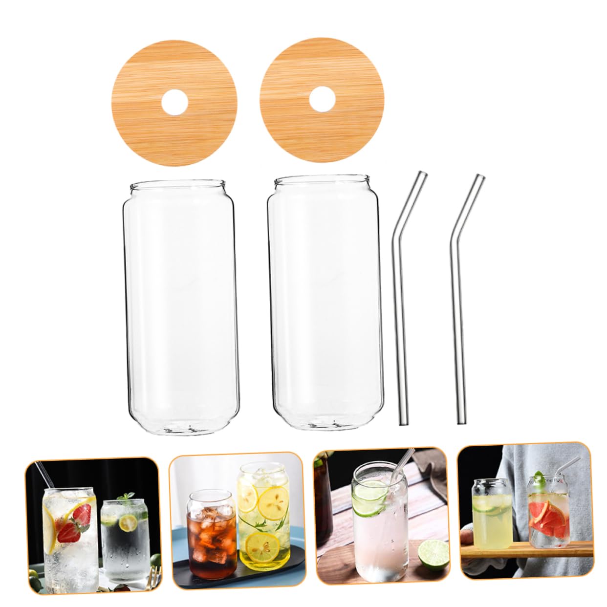 **Hemoton 16oz Mason Jars with Wooden Lids - Set of 2 Clear Glass Drinking Cups for Iced Coffee, Smoothies, Cocktails & Wine | Reusable Water Bottles for Home, Office & Outdoor Use**