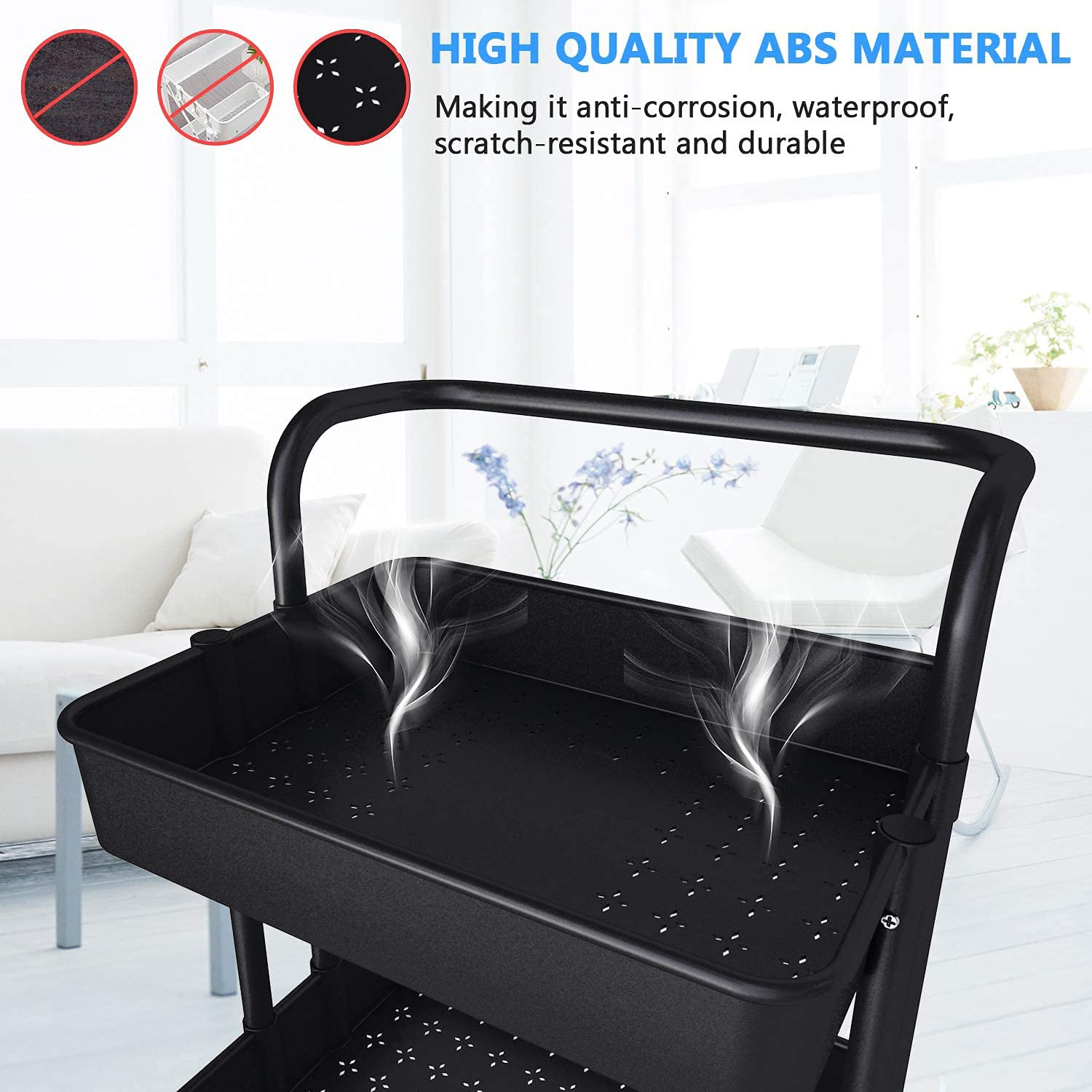 3-Tier Rolling Utility Cart with Wheels - Mobile Storage Organizer for Kitchen, Bathroom, Office & Coffee Bar - White | Perfect for Makeup Storage, Salon Supplies & Home Organization