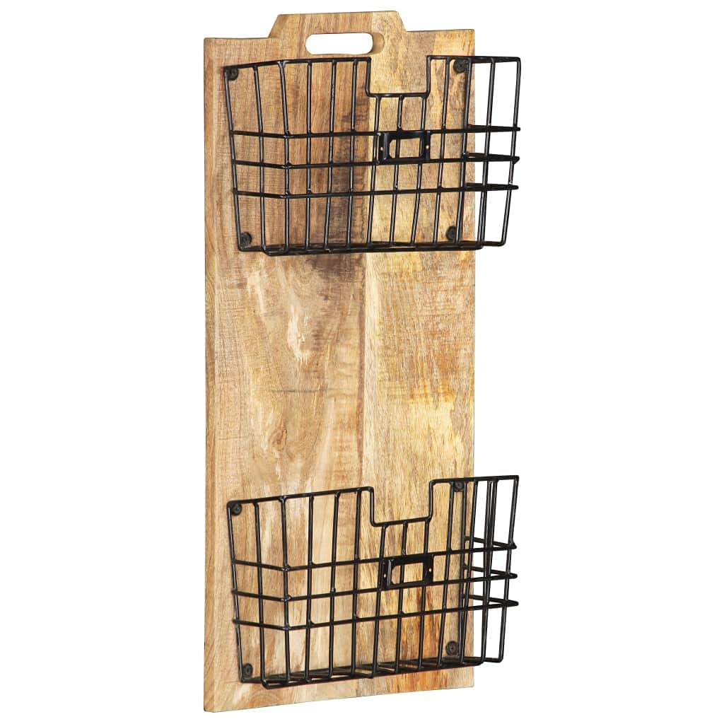 Brown Wall-Mounted Magazine Rack - Solid Mango Wood & Steel with 2 Storage Baskets - Rustic Home Office Organizer for Books, Newspapers & Mail - Polished Painted Varnished Finish