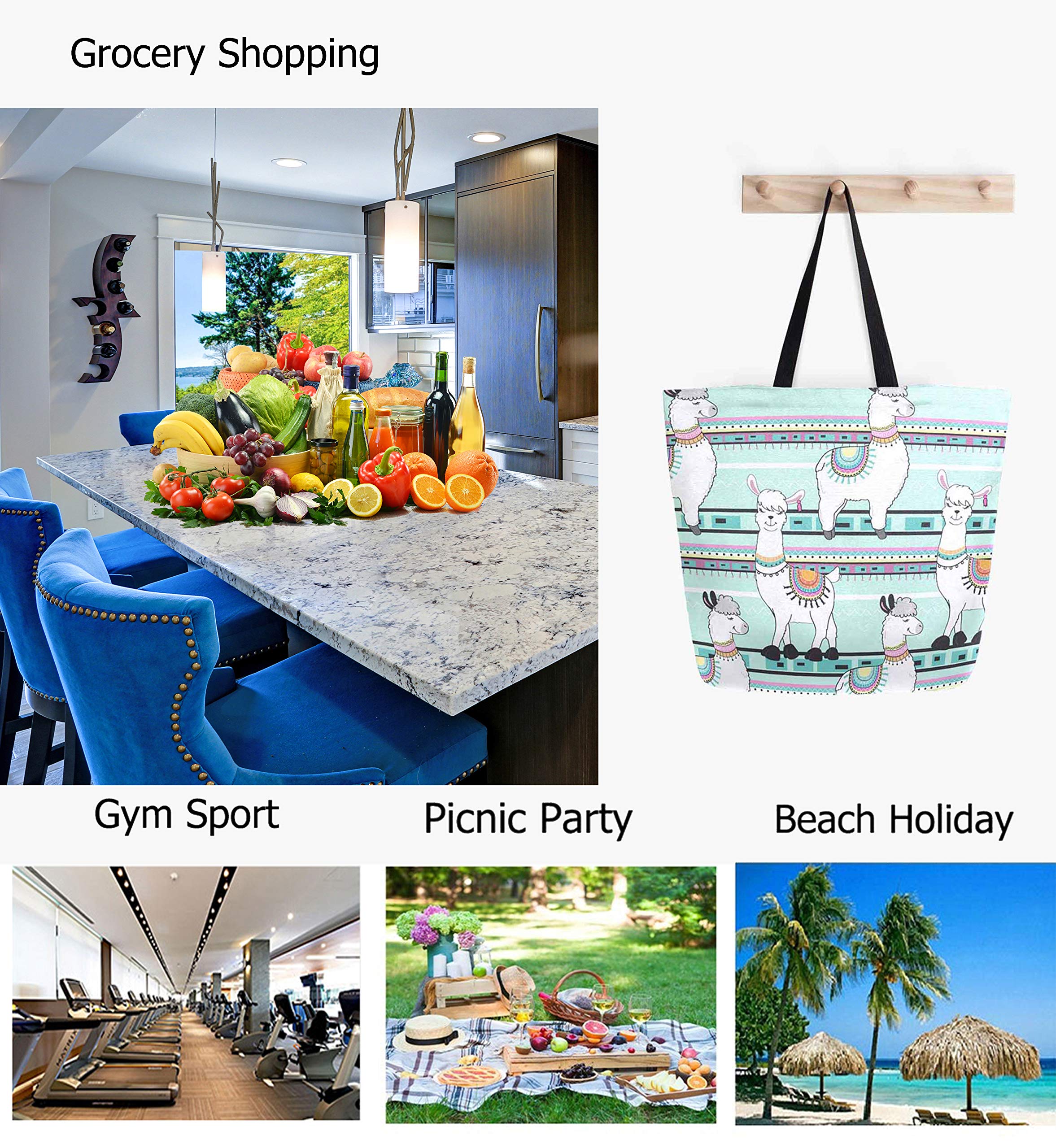 Stylish Cartoon Llama Striped Large Canvas Tote Bag - Reusable Grocery Shopping Bag for Gym, Beach, Travel & Daily Use | Durable Portable Storage Handbag for Women & Men