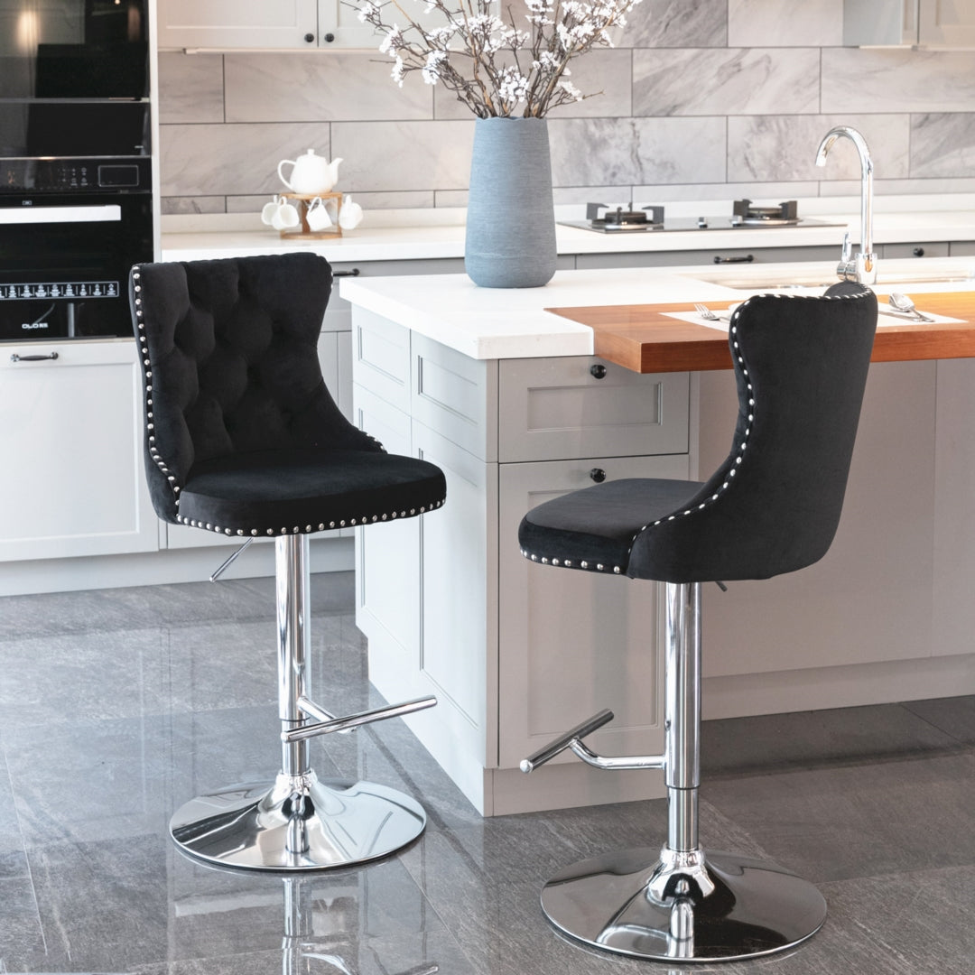 Adjustable Height Swivel Bar Stool with Footrest - Velvet Upholstery & Chrome Base - Modern Kitchen Island & Home Bar Stool - Black