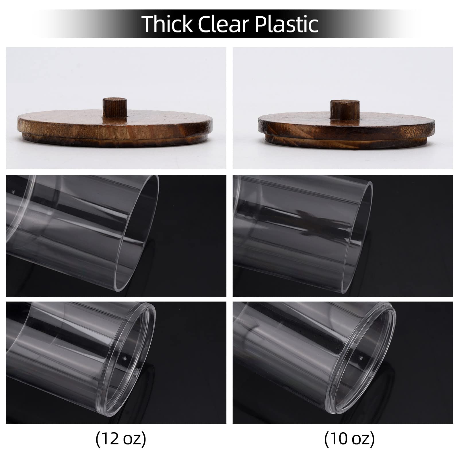 Tbestmax 4-Pack Clear Plastic Apothecary Jars with Brown Wood Lids - 12oz & 10oz Cotton Swab Holder Dispenser for Q-Tips, Cotton Balls & Dental Floss - Bathroom Organizer & Storage Containers for Countertop Vanity, Makeup Brushes & Beauty Essentials