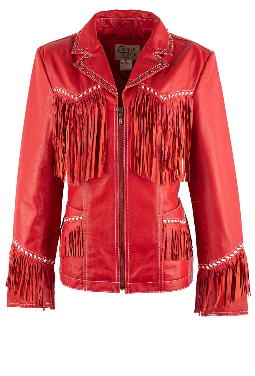 Cripple Creek Cardinal Red Fringe Jacket for Women | Western Style Denim Coat with Tassels | Perfect for Country Music Festivals & Rodeo Events