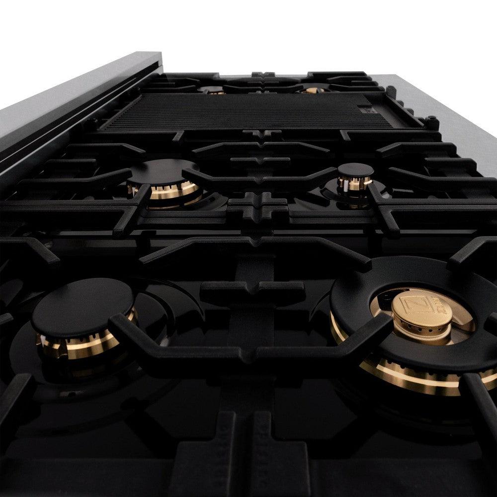 ZLINE Autograph Edition 48-inch Dual Fuel Range - 6.0 cu.ft Capacity, 7-Burner Gas Cooktop & 2 Electric Ovens - Satin Stainless Steel with Polished Gold Accents (RASZ SN 48 G) - Perfect for Professional Home Chefs & Luxury Kitchens