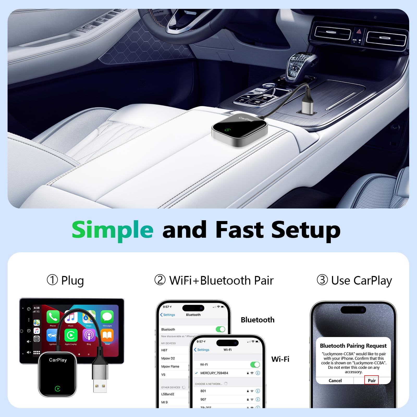 Wireless CarPlay Adapter for iPhone - Convert Wired to Wireless CarPlay Dongle for Apple, Mini Size, Compatible with Cars with Built-in CarPlay, Stable & Fast Connection - Perfect for Commuting, Road Trips & Hands-Free Driving