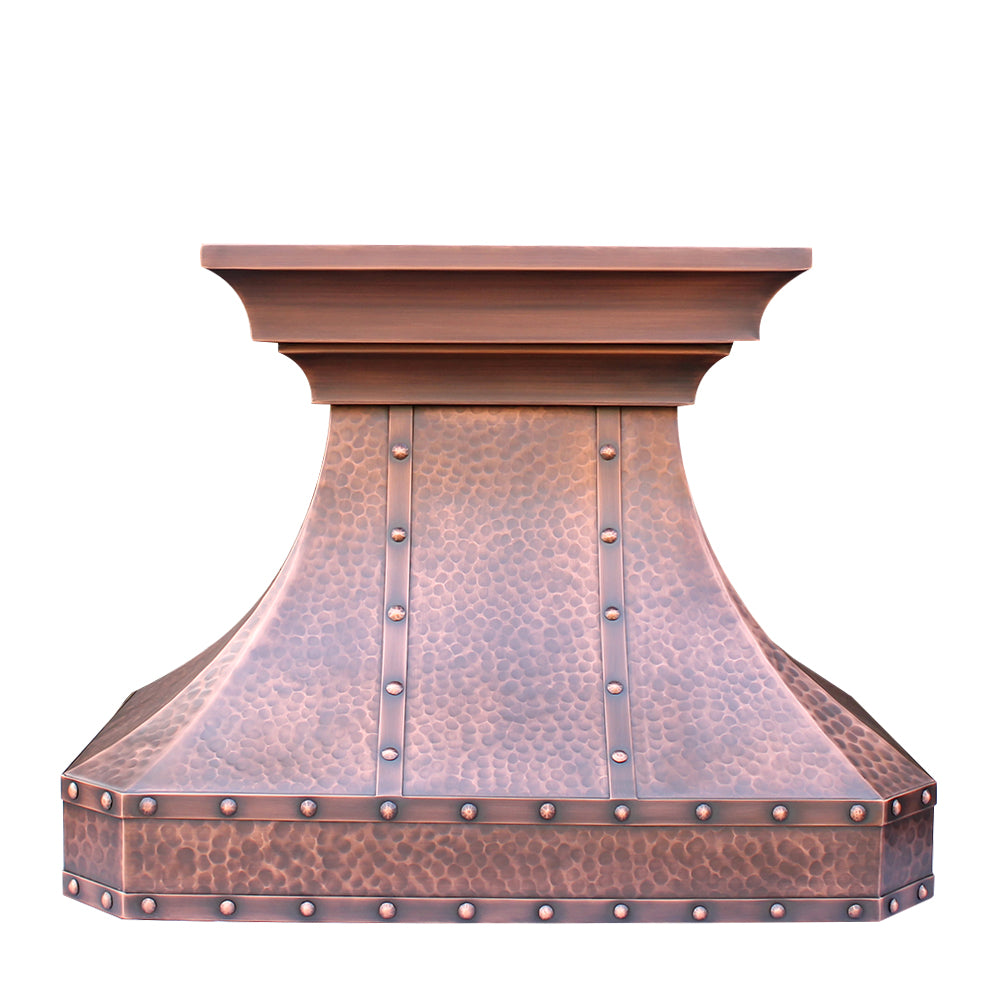 Premium Custom Copper Range Hood with Strap Rivets - RHM Sweep CT VH30TR2 for Modern Farmhouse & Industrial Kitchens