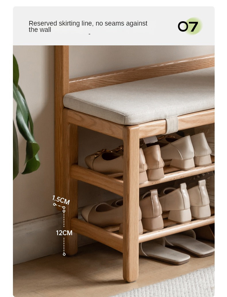 Solid Oak Wood Shoe Bench with Hooks - Entryway Organizer & Shoe Storage Stool for Hallway, Bedroom, or Mudroom